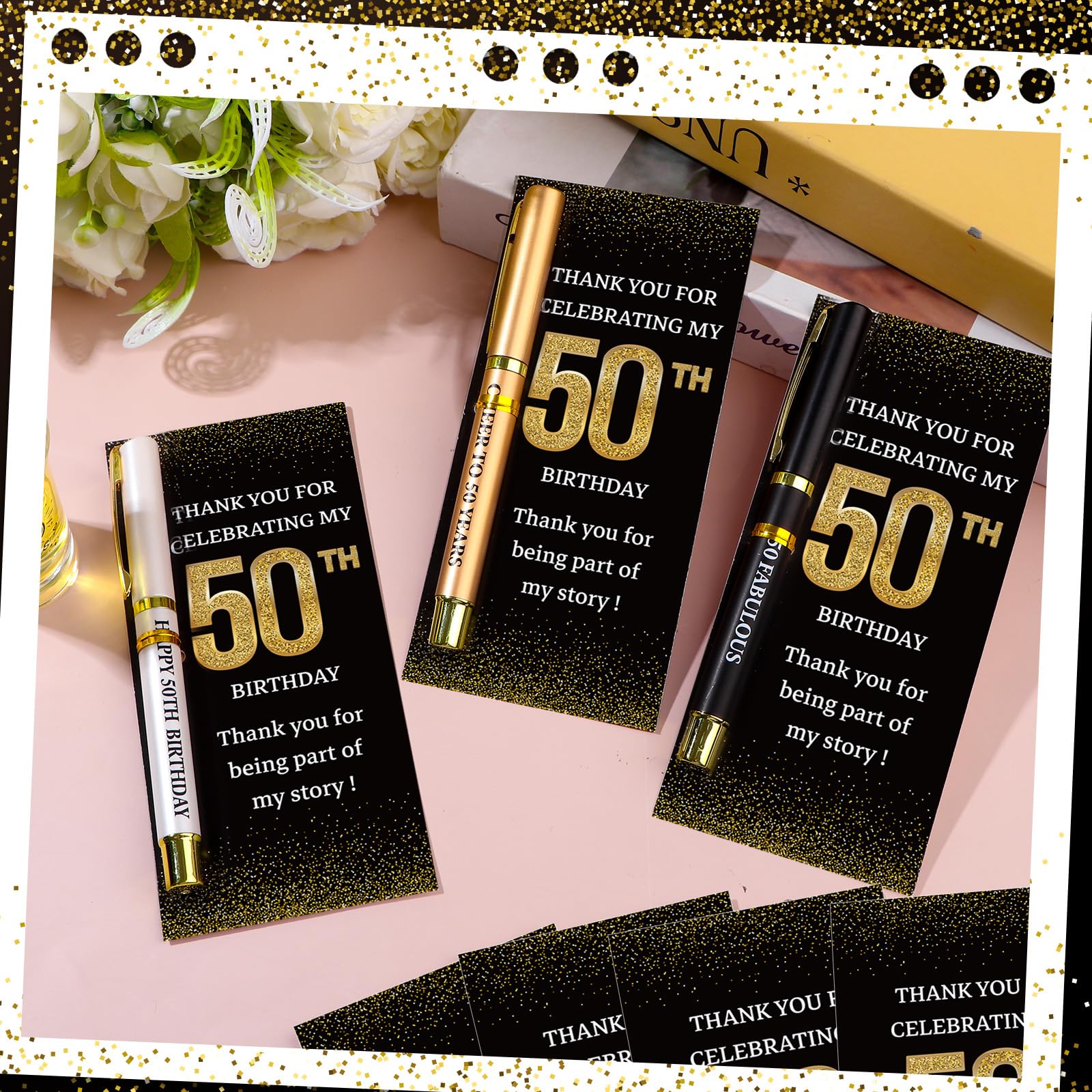 24 Set di bomboniere per festa di 50° compleanno per gli ospiti Cheer to 50 Years Penne a sfera e biglietti di ringraziamento, idee regalo per 50° compleanno, souvenir per uomini e donne, regali per