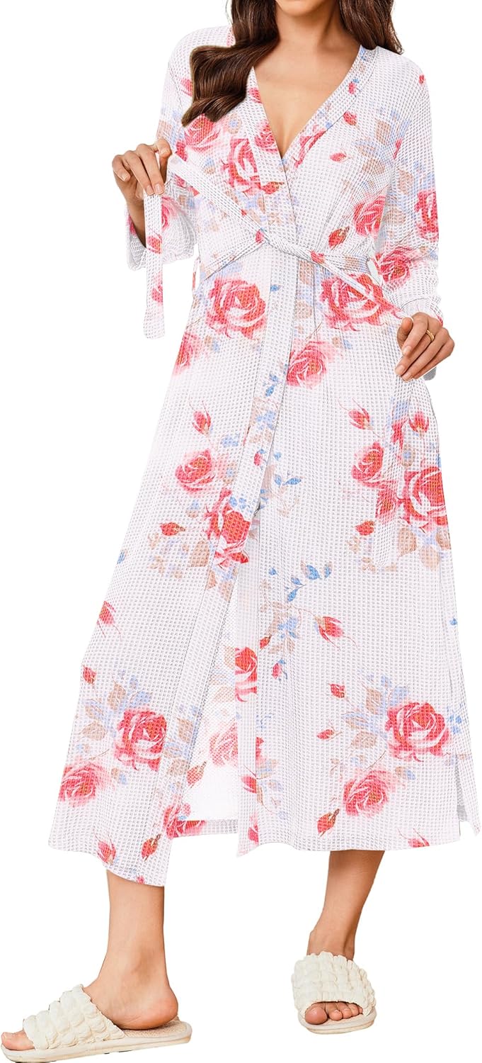 Ekouaer Women's Robe Long Waffle Knit Bathrobe Lightweight Soft Kimono Robes Loungewear S-XXL