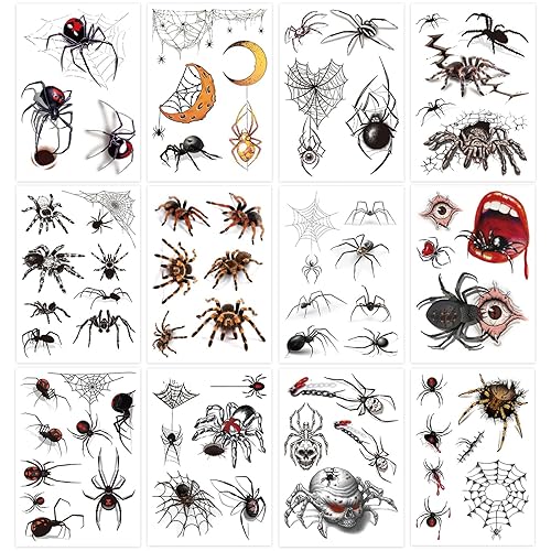 Miniatura 2 de YOKSAS Calcomanías de tatuaje temporal de araña 3D de terror de Halloween, 12 hojas de tatuajes de maquillaje facial para niños y adultos, para