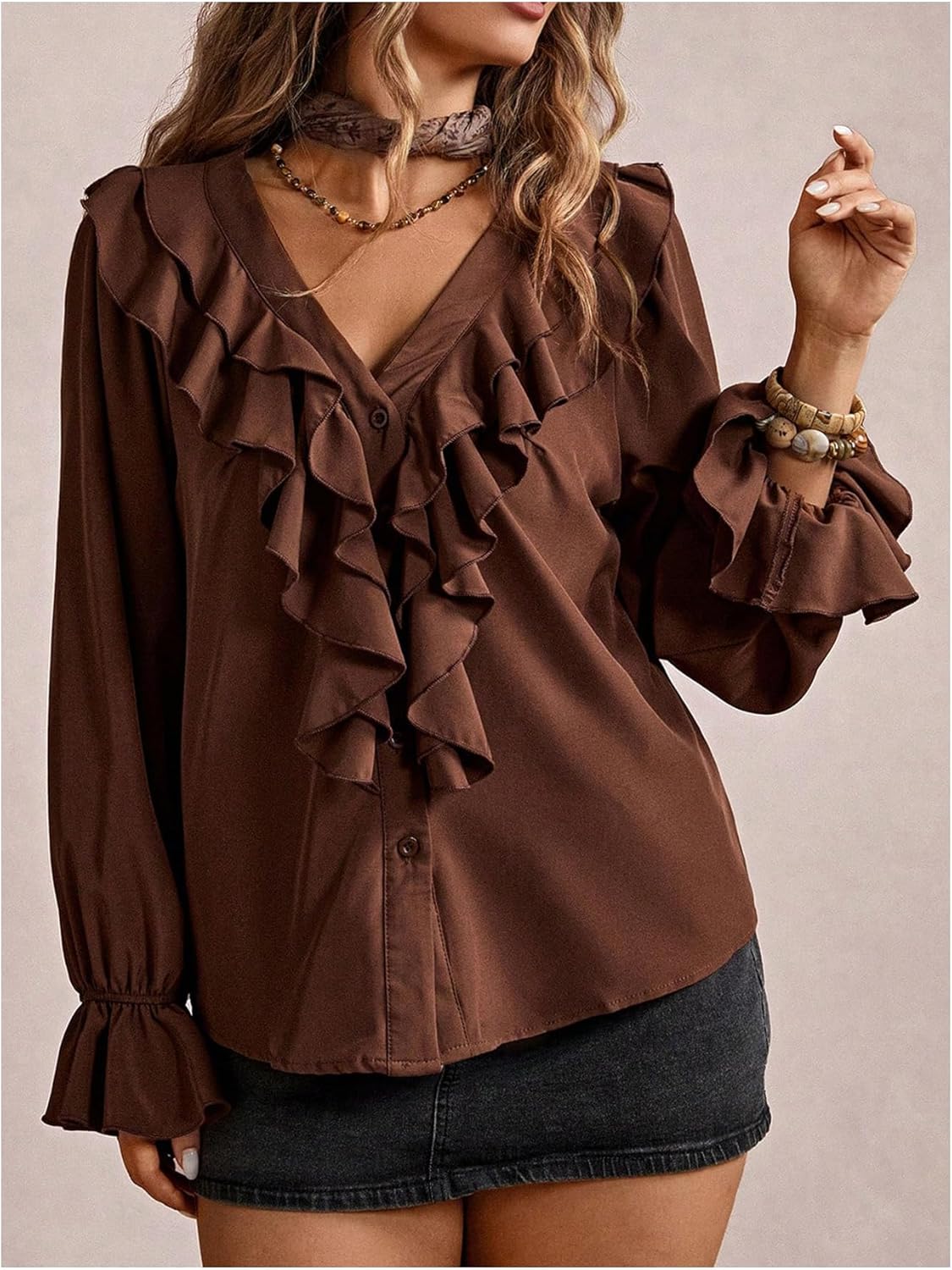 WDIRARA Women's Plus Size Layered Ruffle Button Down Shirts V Neck Flounce Long Sleeve Blouse Tops - Image 4