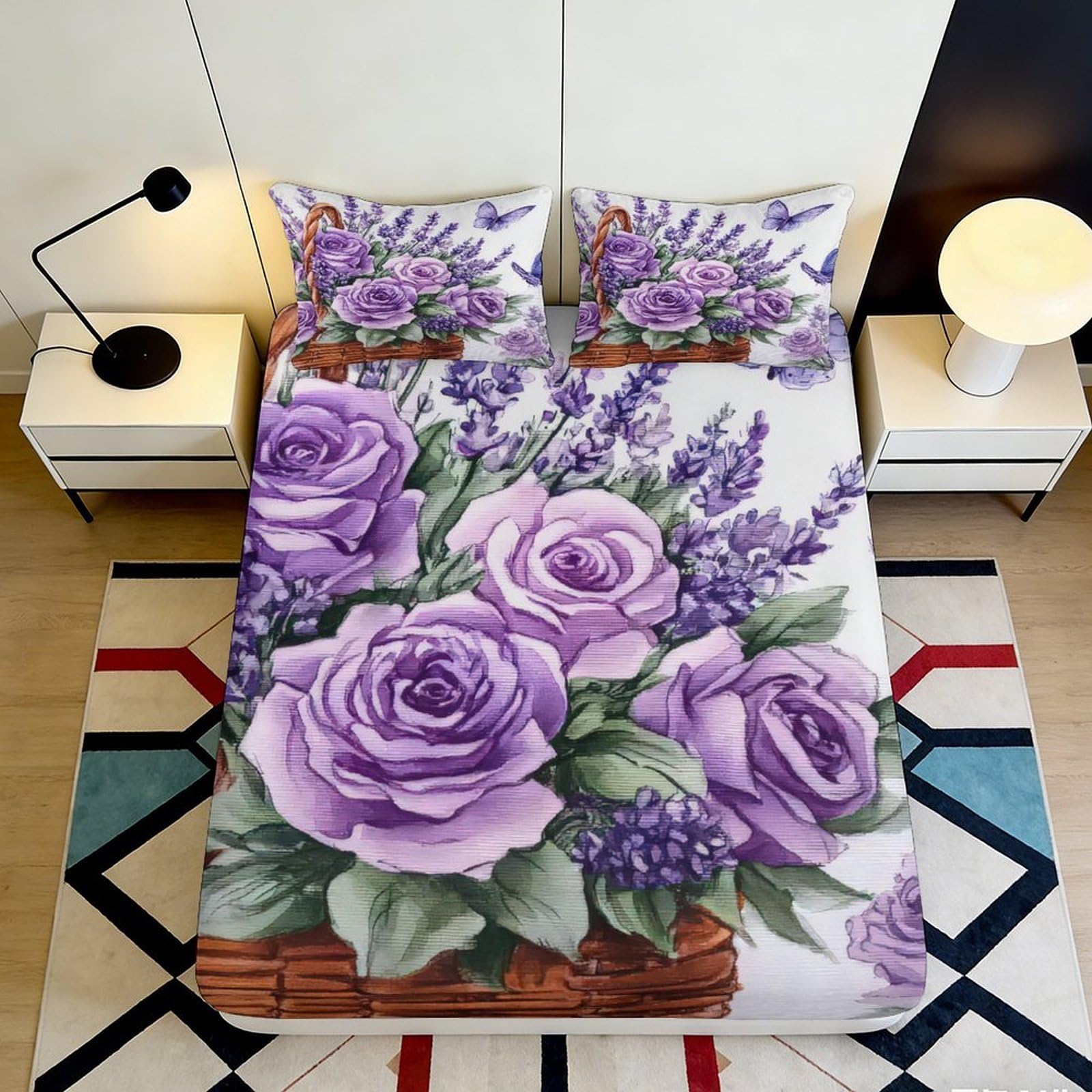 3D Printed Purple Rose Fitted Sheet Microfiber Soft Breathable Lavender Mattress Cover for Bedroom Dormitory Guest Room Protection Decoration 90x200x25cm