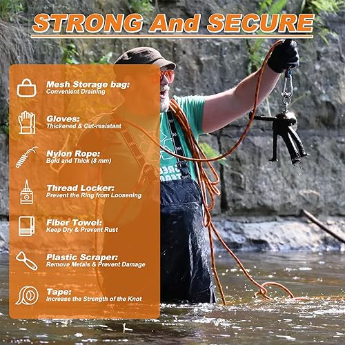 Miniatura 20 de Kit de pesca con imán, imanes de pesca de 600 libras con cuerda de nailon de 65 pies, imán de neodimio de una sola cara para recuperar en Rive Azul