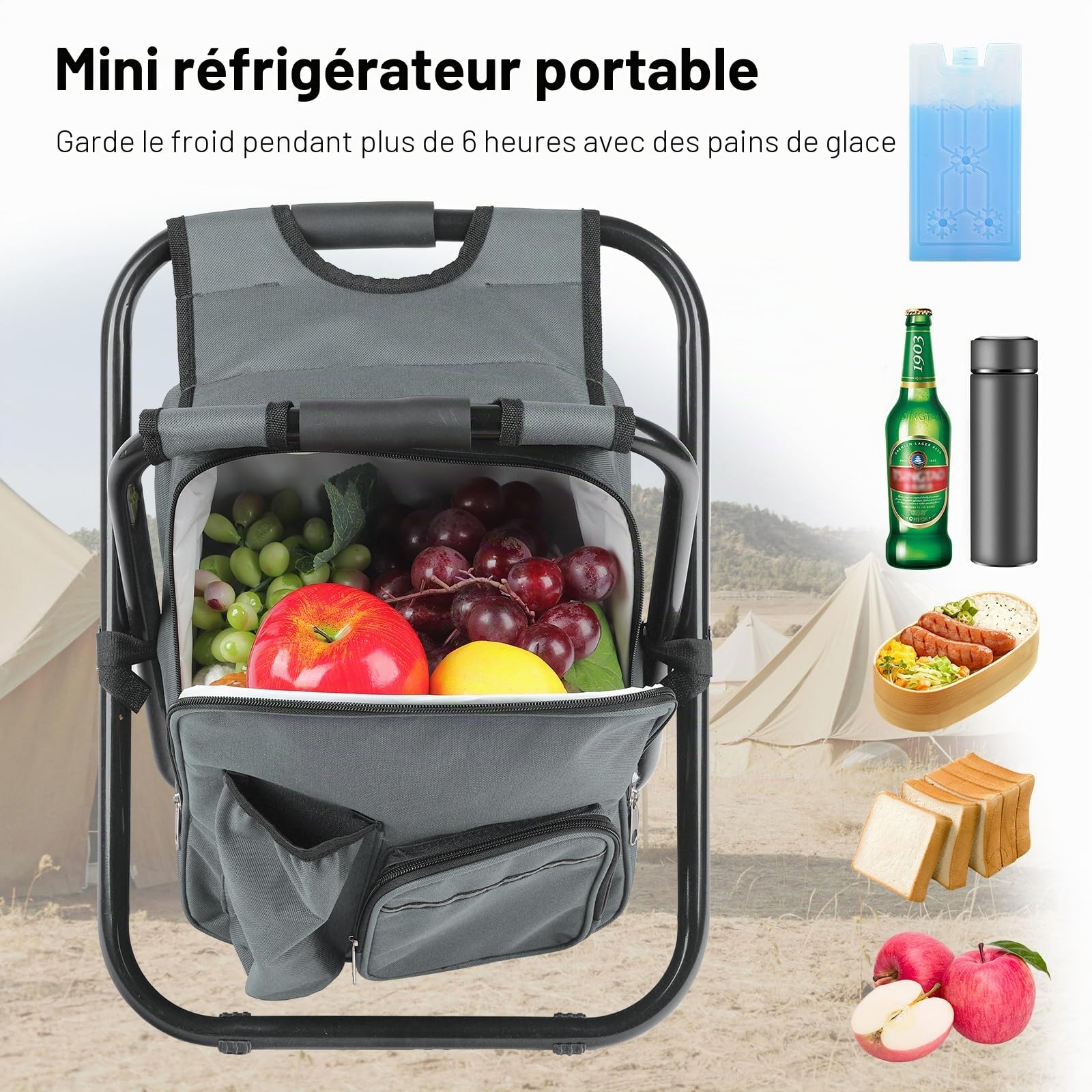 40CM Tabouret Pliable Camping avec Poche de Glacière Amovible, Siege de Peche avec Sac à Dos, Compact et Fonctionnel, Chaise Pliante pour Chasse Pique-Nique, Gris