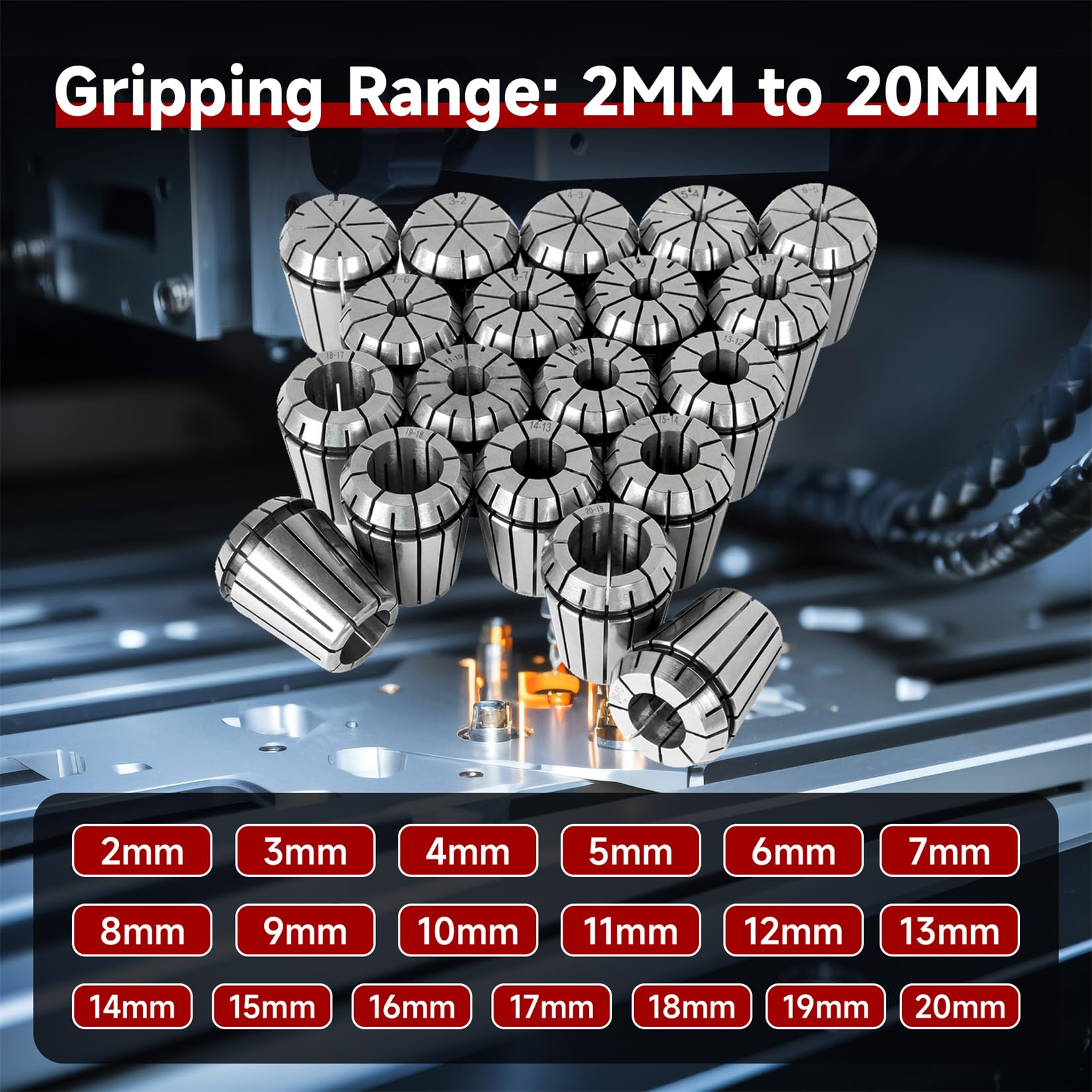 Zestaw tulei zaciskowych ER32 19 szt. Zestaw tulei zaciskowych ER32, zacisk sprężynowy, narzędzie do tokarki grawerującej CNC, 2-20 mm, pasuje do maszyny grawerującej CNC i frezarki tokarskiej