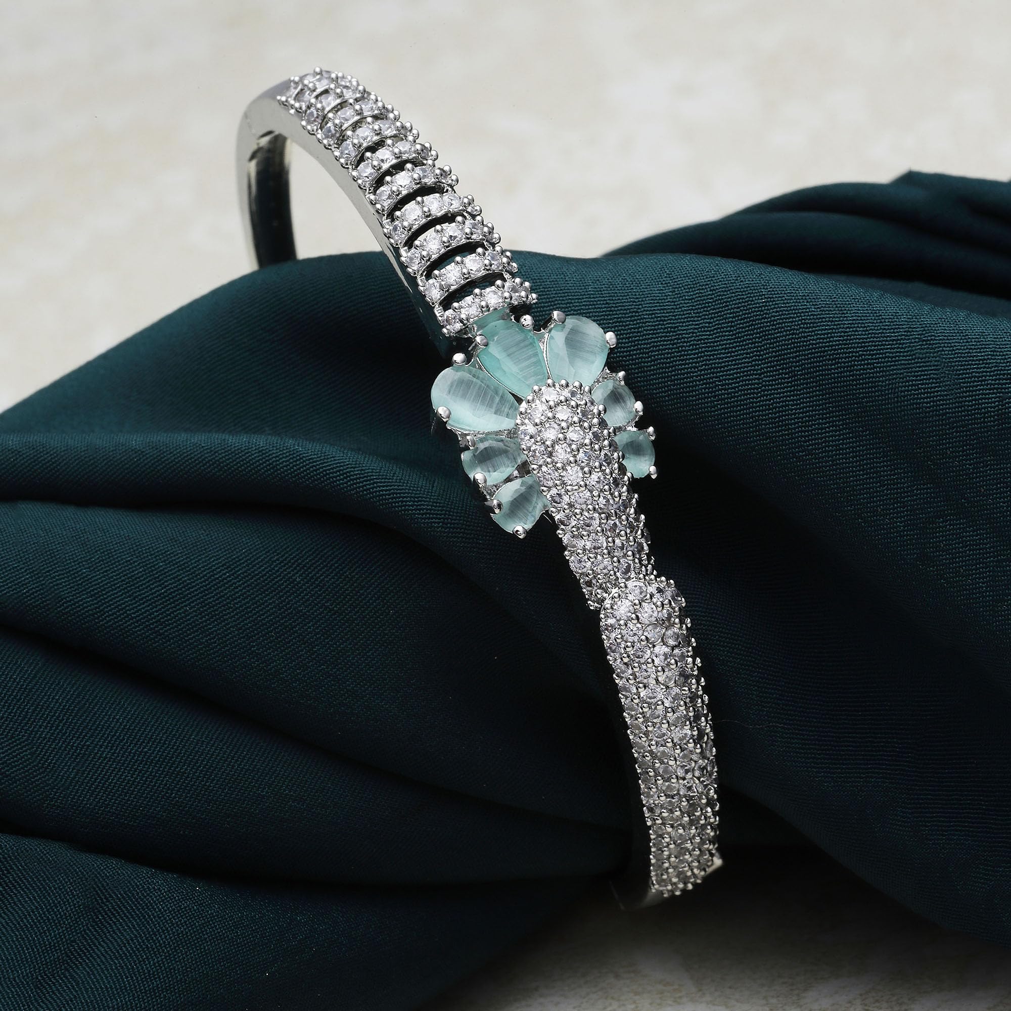 Rhodium-Plated Square Shaped American Diamond Kada Bracelet