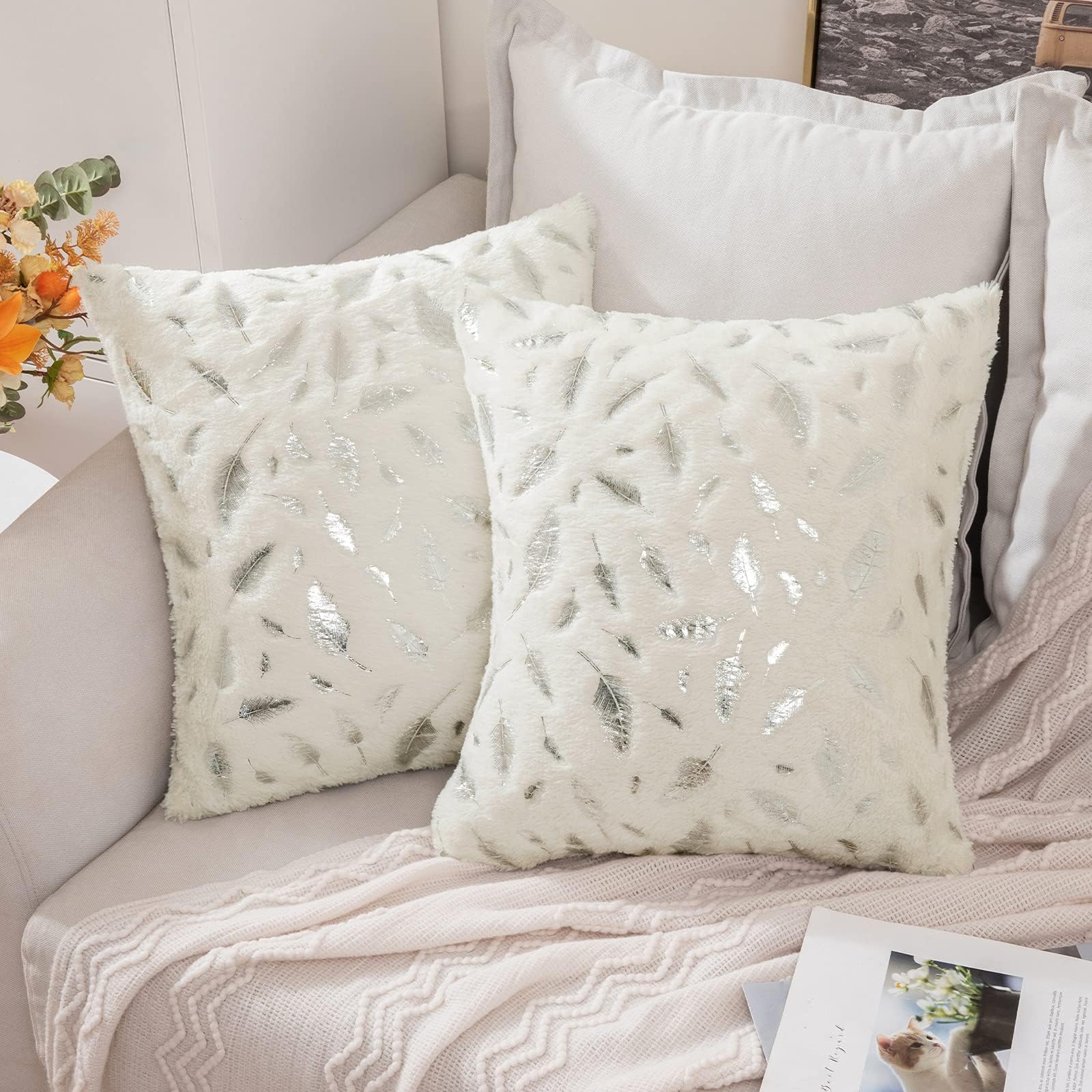 CaliTime Kissenbezug 50x50 Cm – Chenille-Stoff, Blätter-Design, Beidseitig Nutzbar, Mit Reißverschluss