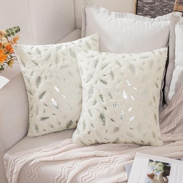 MIULEE Faux Fur Cushion Covers Silver Feather Throw Pillow Covers Fluffy Soft Lovely Decorative Square Pillowcase Plush for Livingroom Sofa Bedroom 18 x 18 Inches 45 x 45 cm White Pack of 2
