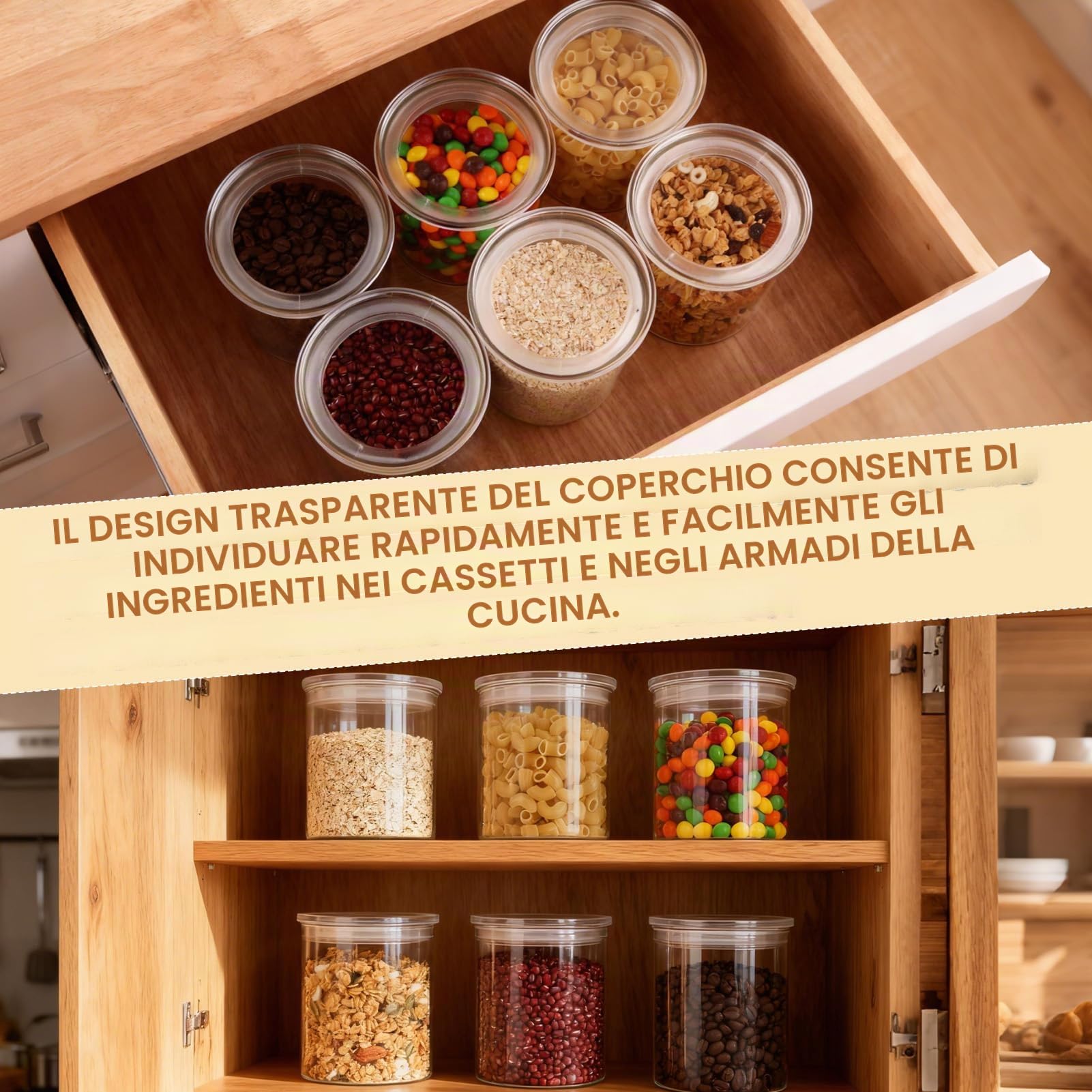 FoiiLiio Barattoli Vetro con Coperchio 700ml Set di 6 Barattolo Vetro con Coperchio in Trasparente- Φ10x10cm Barattoli Cucina Vetro Ermetici, Contenitori Vetro per Spezie, Noci, Cereali