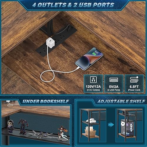 Miniatura 3 de Unikito Escritorio en forma de L con luz LED y toma de corriente, mesa de computadora de esquina reversible con soporte para monitor y estante de