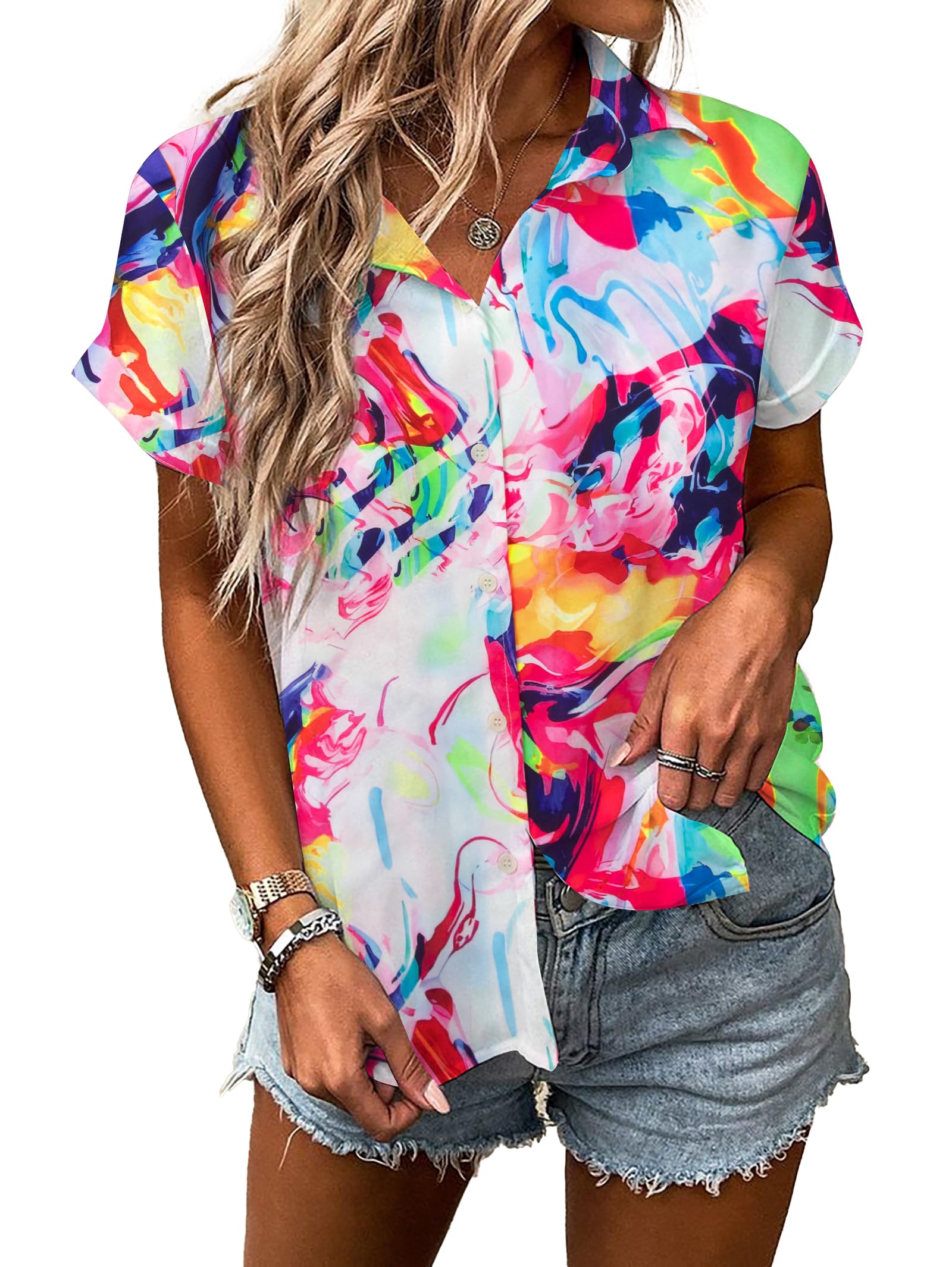 Women Hawaiian Shirt Soft Cool Summer Hawaii Tshirts Beach Tropic Print V Neck Button up Tops Floral Short Sleeve Tops