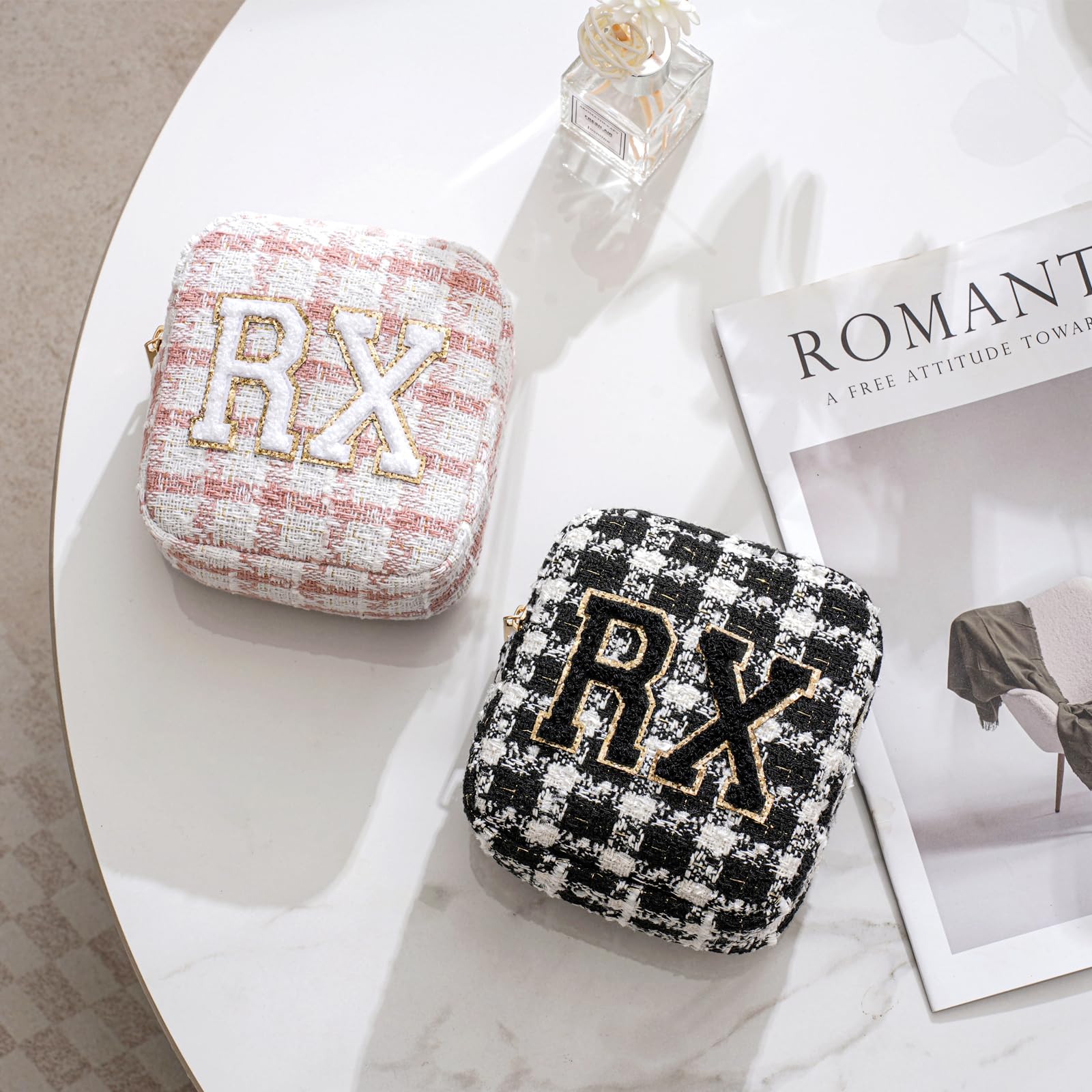 RSRSLEII Pequeña bolsa de medicina para viajes, bolsa personalizada de chenilla RX a cuadros para mujeres y niñas, bonitas bolsas de maquillaje para medicamentos con cremallera, 03Negro Cuadros