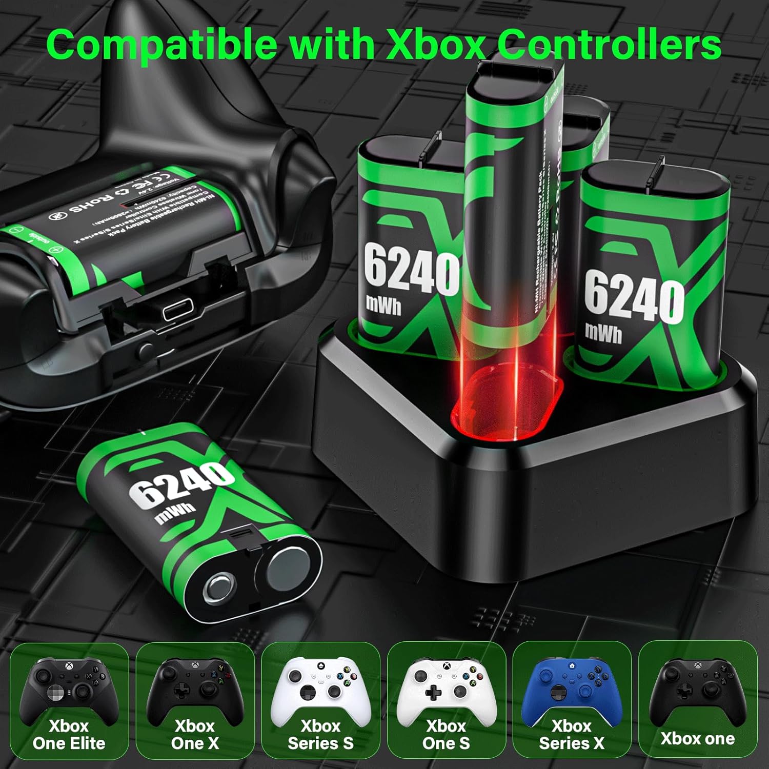 Rechargeable Xbox Controller Battery Pack for Xbox one/Xbox One S/Xbox 360/Xbox X/Xbox Elite/Xbox Series X|S, 4x6240mWh Batteries Pack for Xbox Accessories Kits, Xbox 360 Console - Image 2