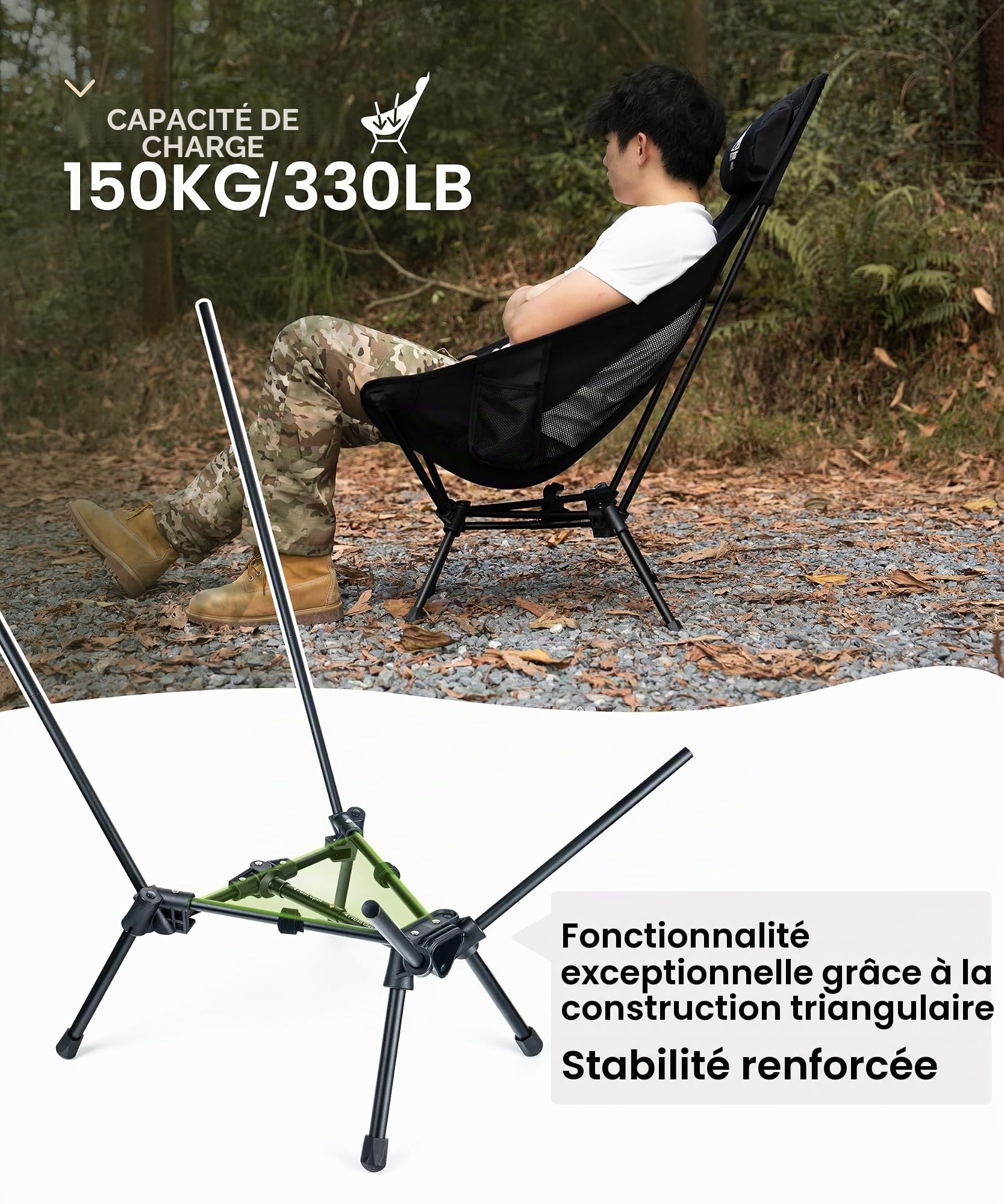 OneTigris TIGERBLADE Chaise de camping à dossier haut, pliable, 150 kg, cadre triangulaire, pliable, avec 2 poches latérales, chaise pliante ultra légère pour extérieur, randonnée (noir)