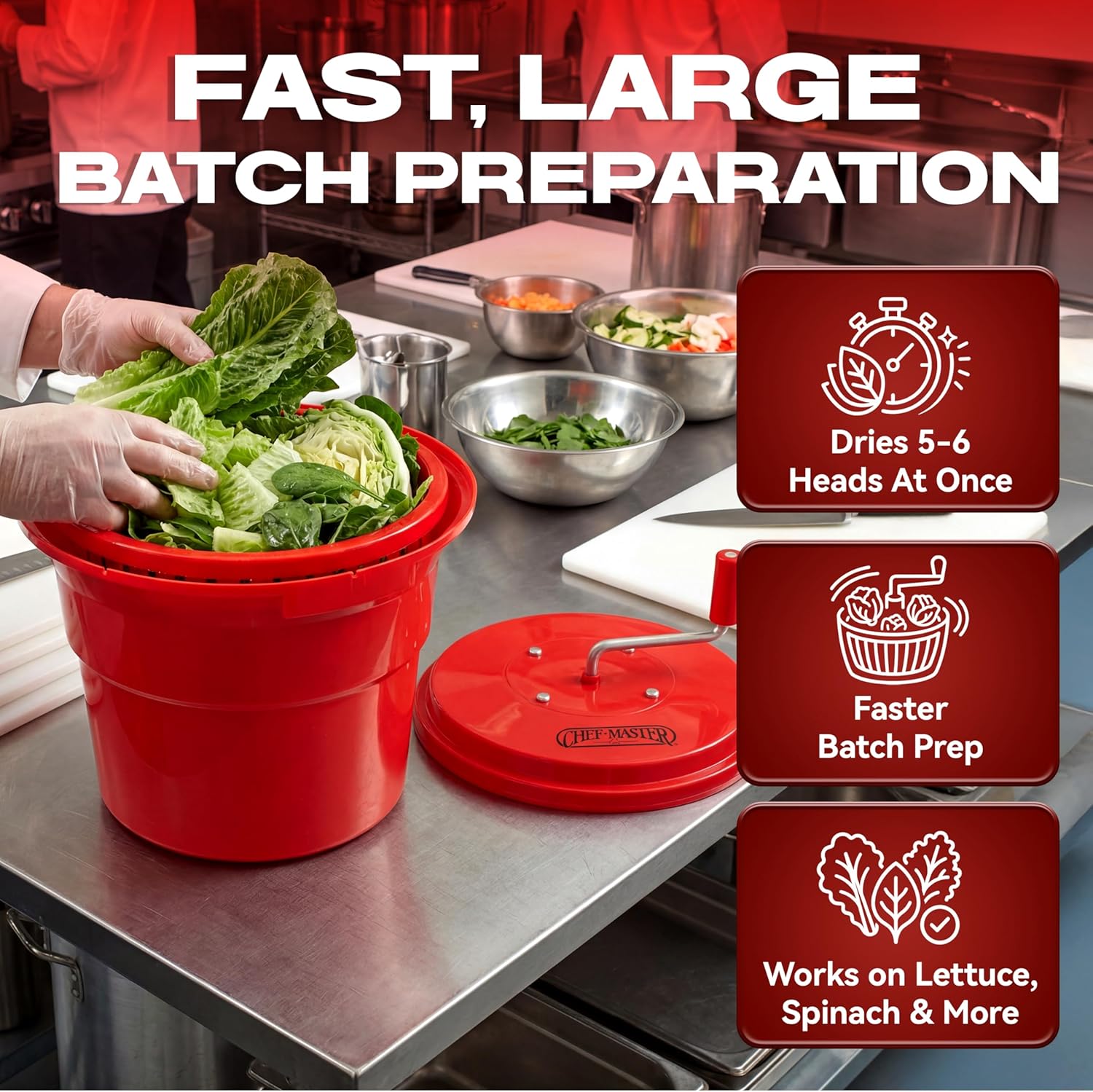 5 Gallon Chef Master Salad Spinner Dryer – Large Capacity, Economy Lettuce Spinner and Fruit Washer Bowl with Strainer - Sealed Gearbox - Fits 5-6 Heads of Lettuce - Durable Spinner Mechanism - 90008