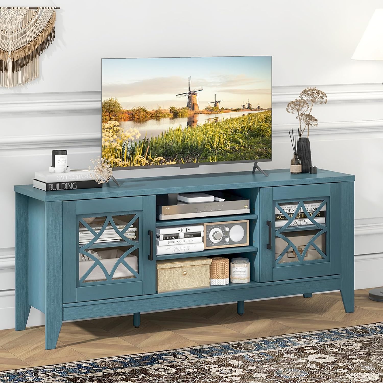 Giantex Farmhouse TV Stand for TVs up to 65", Entertainment Center with 4 Adjustable Storage Shelves & Tempered Glass Doors, Modern TV Console Table for Bedroom, Living Room (Teal Blue)