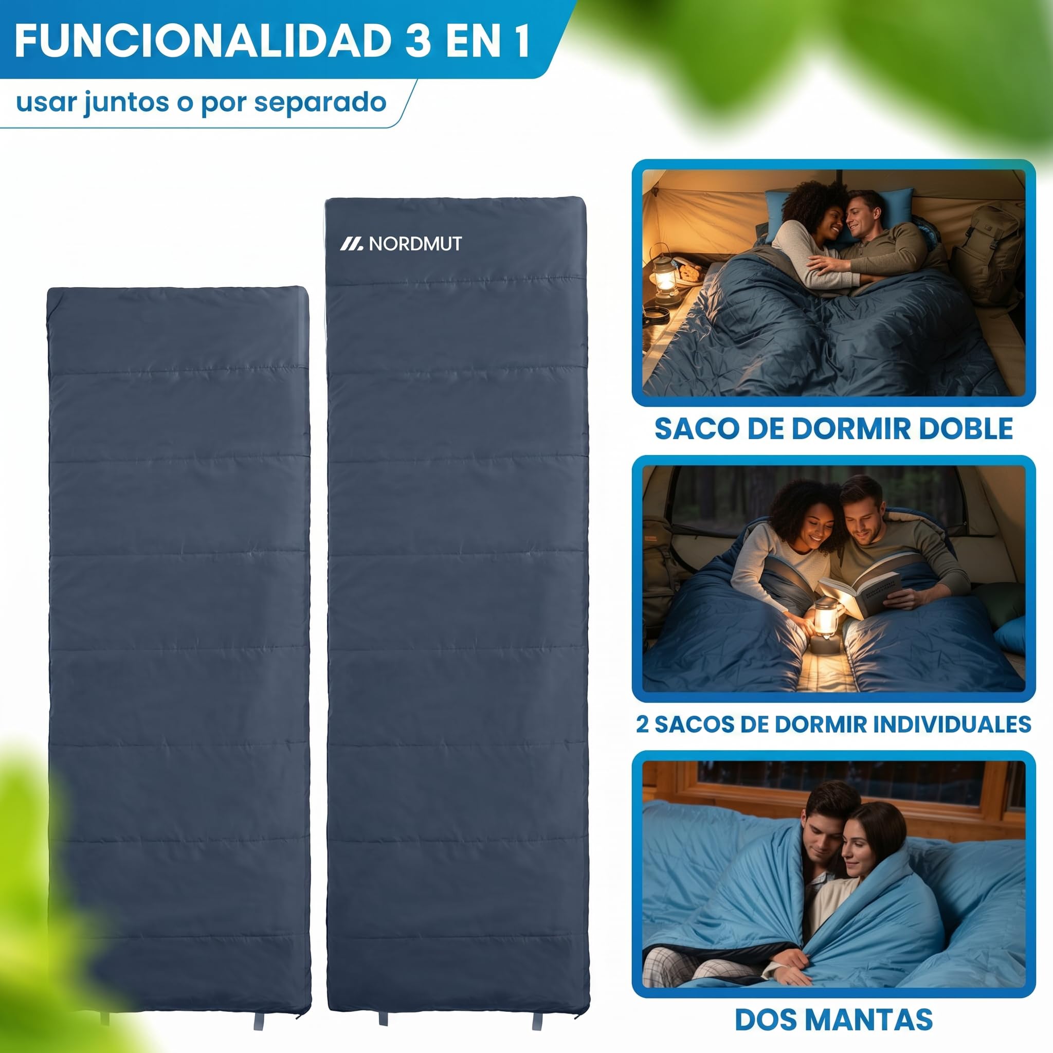 NORDMUT® Saco de Dormir Doble XXL con Cremallera YKK Premium de Doble dirección – Saco de Dormir Acogedor 2 Personas Extra Ancho & Grande – para 2 Personas con Aislamiento óptimo
