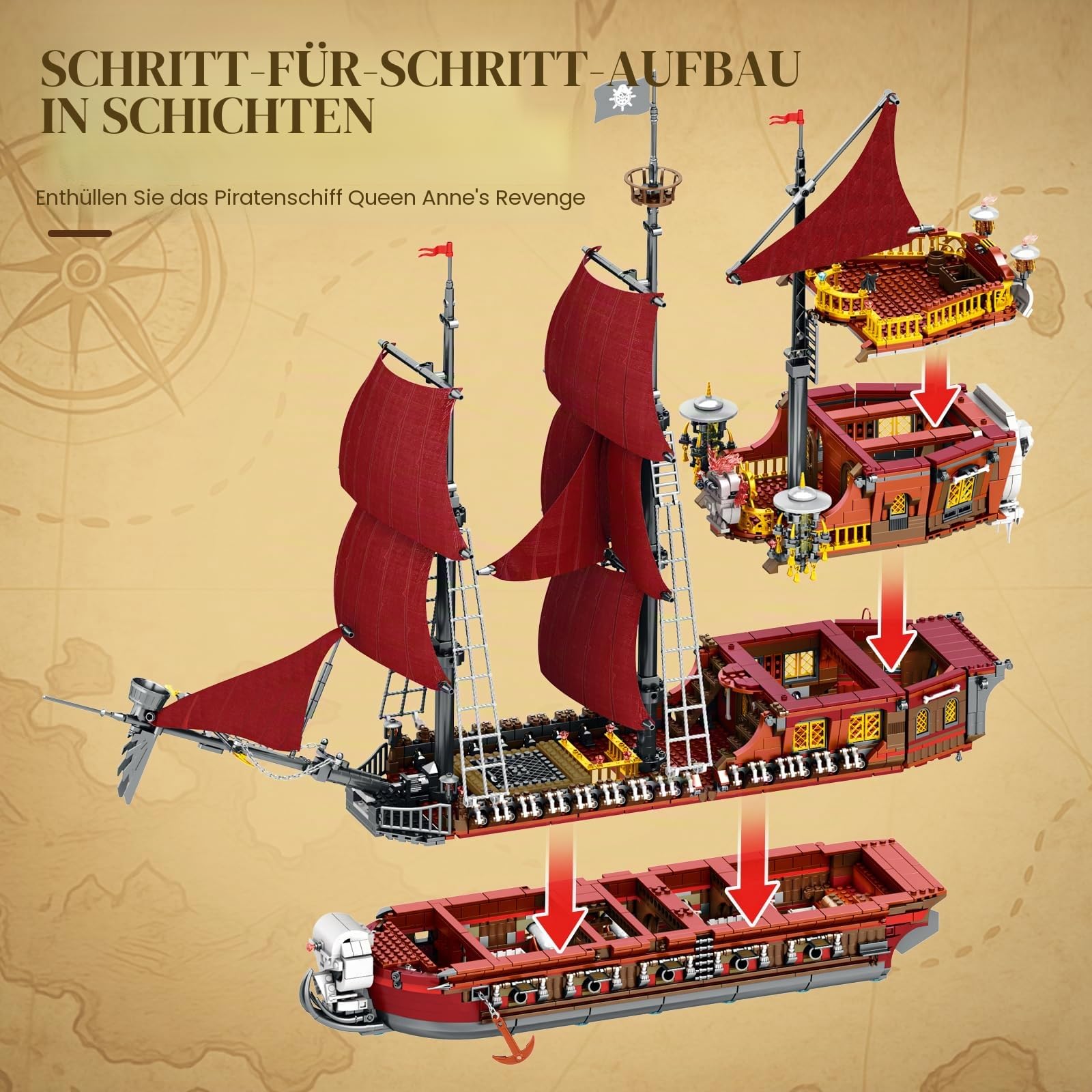 JMBricklayer Piraten Schiffe Klemmbausteine, Queen Anne's Revenge Piratenschiff Bauspielzeug Modell für Erwachsene, Büro Hause Sammler Dekorationsstück Bausteine, Geschenk Für Jugendliche 14+