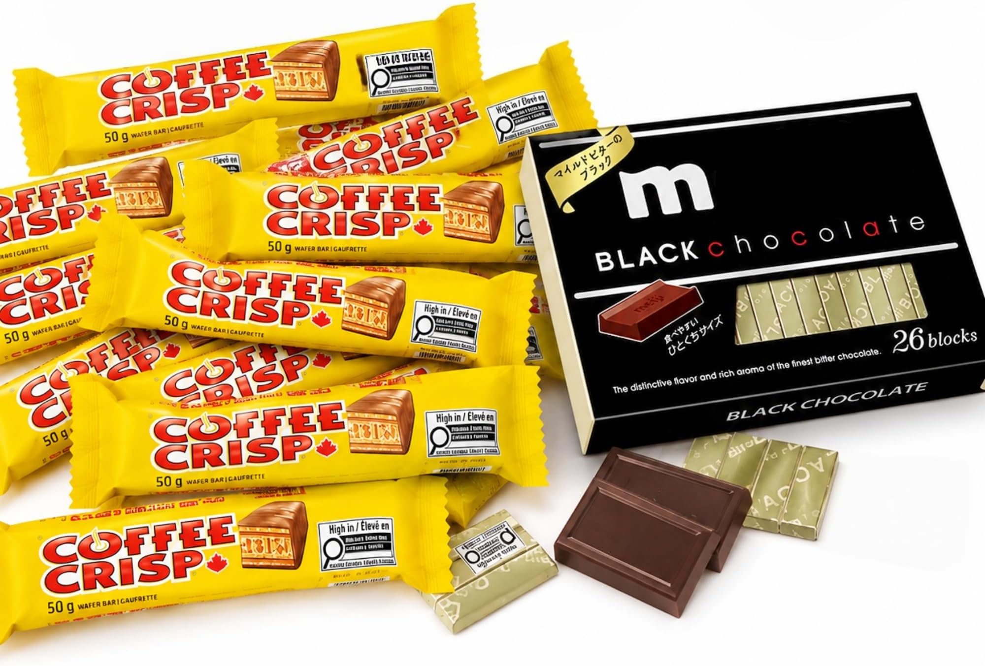 Coffee Crisp Chocolate Wafer Bars (12 Full-Size Bars) & Japanese Black Chocolate 1 Box (26 Individually Wrapped Pieces), Imported Canadian & Japanese Chocolate Snacks Bundle