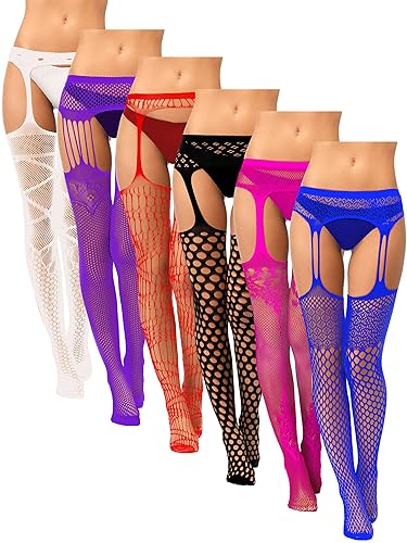 Syhood 6 Pairs Women Fishnet Suspender Stockings Thigh High Stockings Lace Tights Pantyhose for Women Halloween Costumes - One Size - White, Purple, Bright Red, Black, Rose, Navy Blue