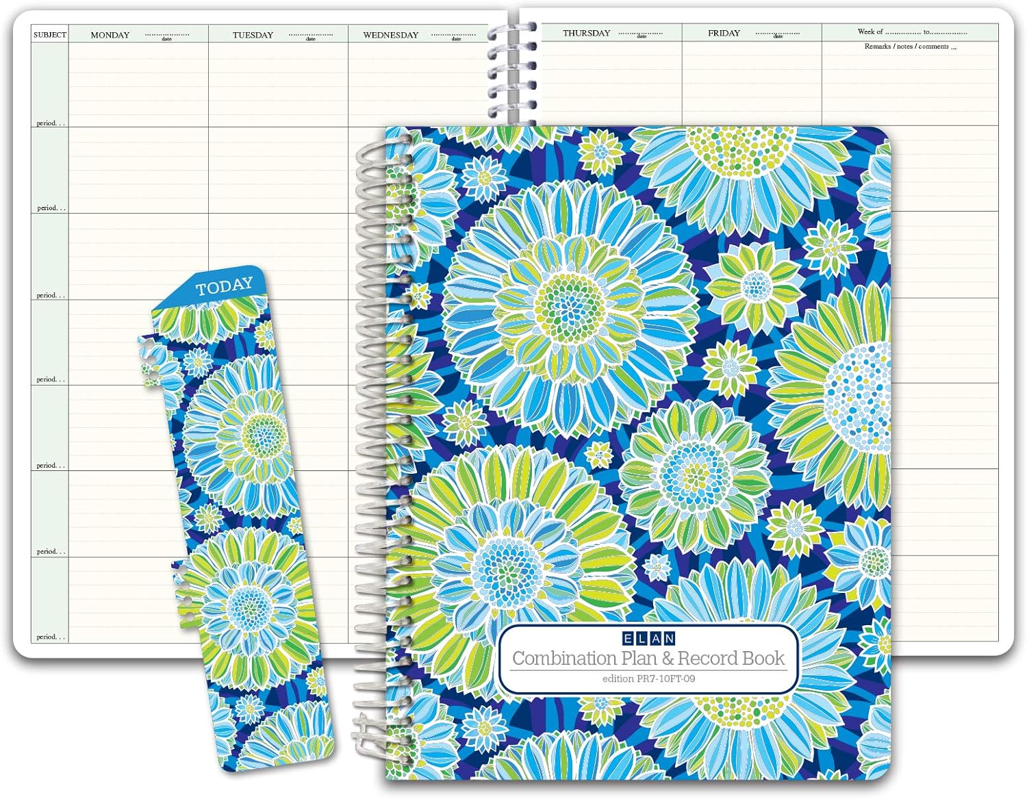Elan Publishing Company HARDCOVER Combination Plan and Record Book: One efficient 8.5" x 11" Book for Lesson Plans and Grades Combines W101 and R1010 with Bonus Clip-in Bookmark (Blue Green Flowers)