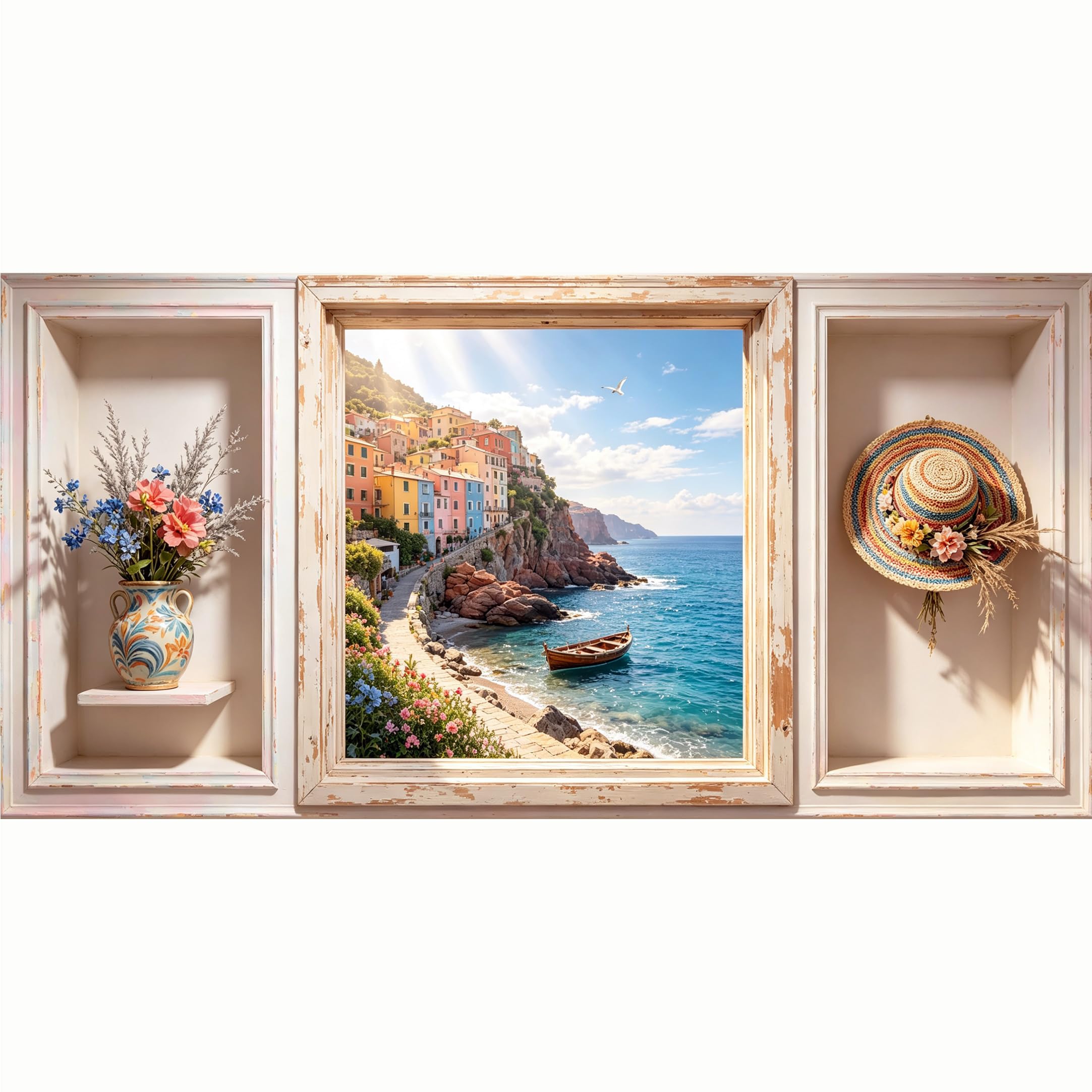 QZLITHOTIC 50x100cm 3D Framed Wall Art， Mediterranean Coastal Village Landscape Self‑Adhesive Mural， Water‑Activated Peel & Stick Fabric Decor Wall Decal for Bedroom Living Room