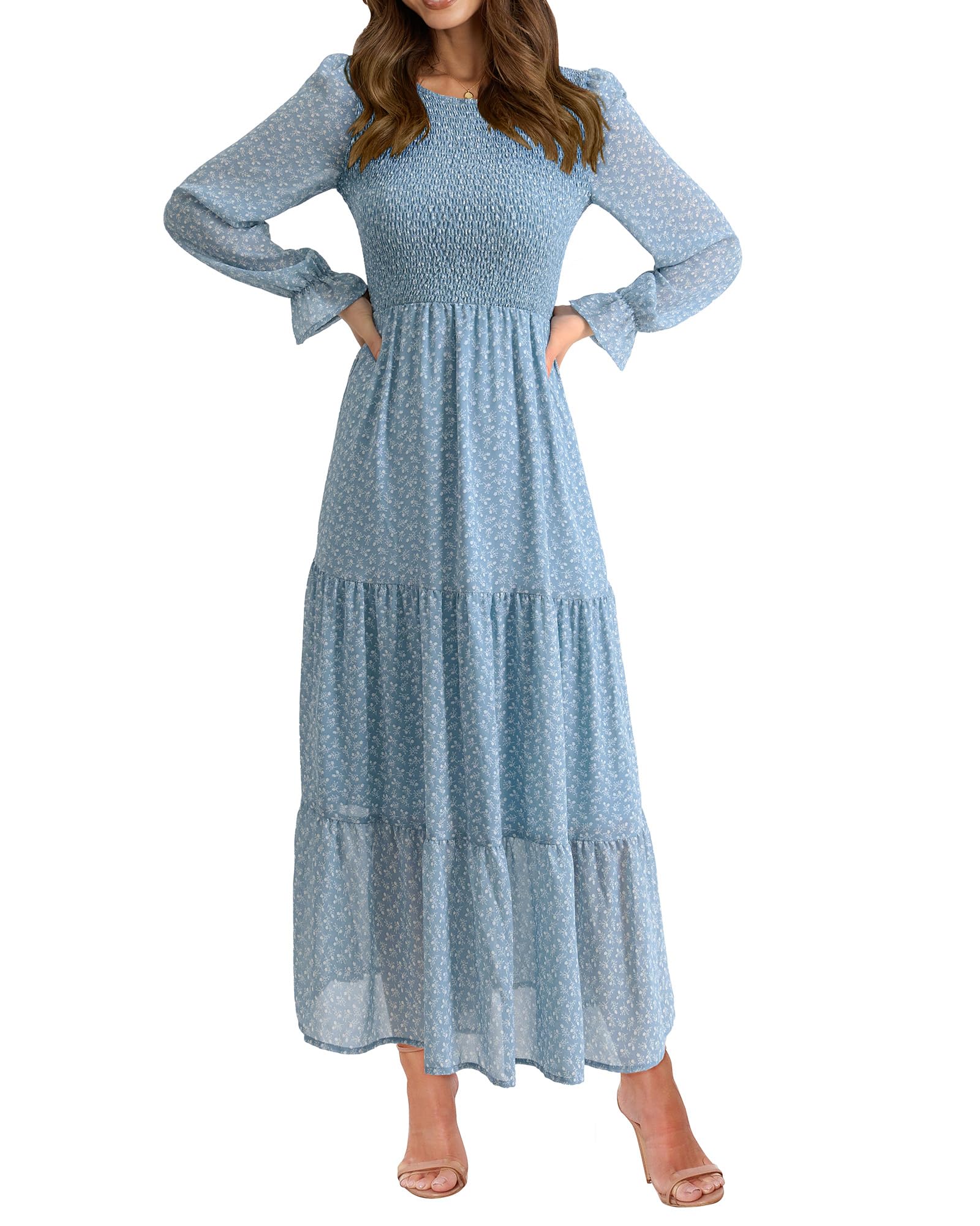 BTFBM Women Casual Long Sleeve Crew Neck Fall Dress Bohemian Relaxed Fit Floral Flowy Maxi Dresses Tiered Cocktail Dress