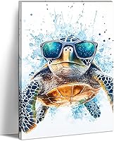 Funny Sea Turtle with Glasses Wall Art - Framed Watercolor Canvas Print 12x18 Inch, Waterproof Modern Marine Decor for Bathroom Living Room