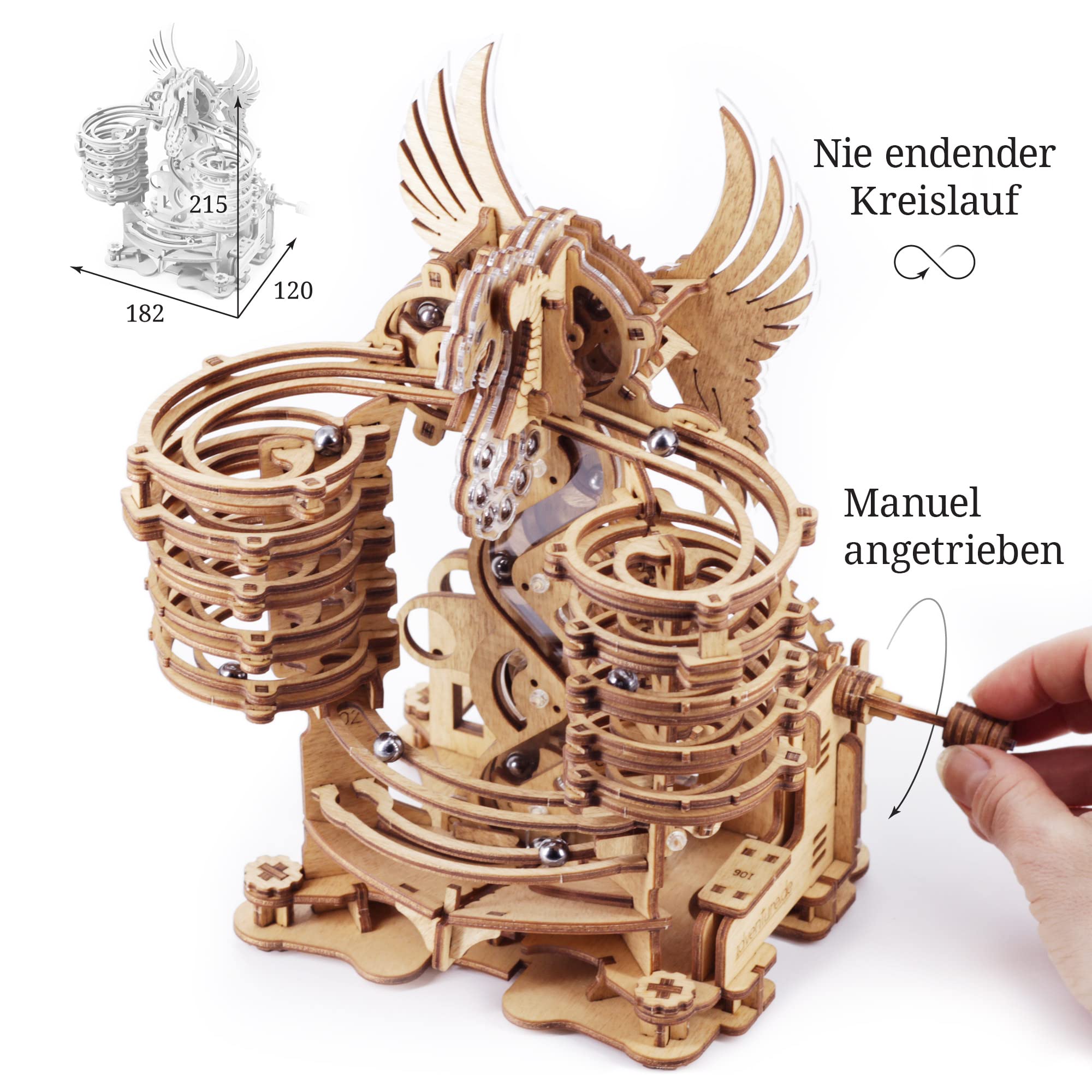 iDventure Dragon Murmelbahn, 3D Holzpuzzle Bausatz für Erwachsene | Mechanische Kugelbahn, DIY Modellbausatz, 260 Bauteile, 15 Murmeln, Marble Run 3D Holzpuzzle, Modellbau Holzbausatz