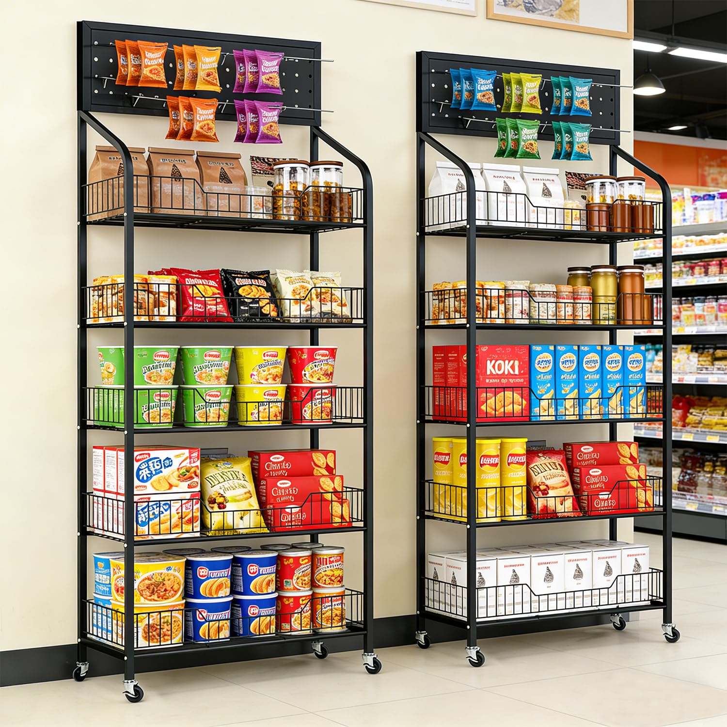 devesanter 5-stufiges Metallregal mit 10 Haken und 4 Rollen,Schwarz | Großzügiges Präsentationsregal für Snacks und Zubehör. Mobil einsetzbar in Handel, Garage, Küche, Wohnzimmer und Büro.