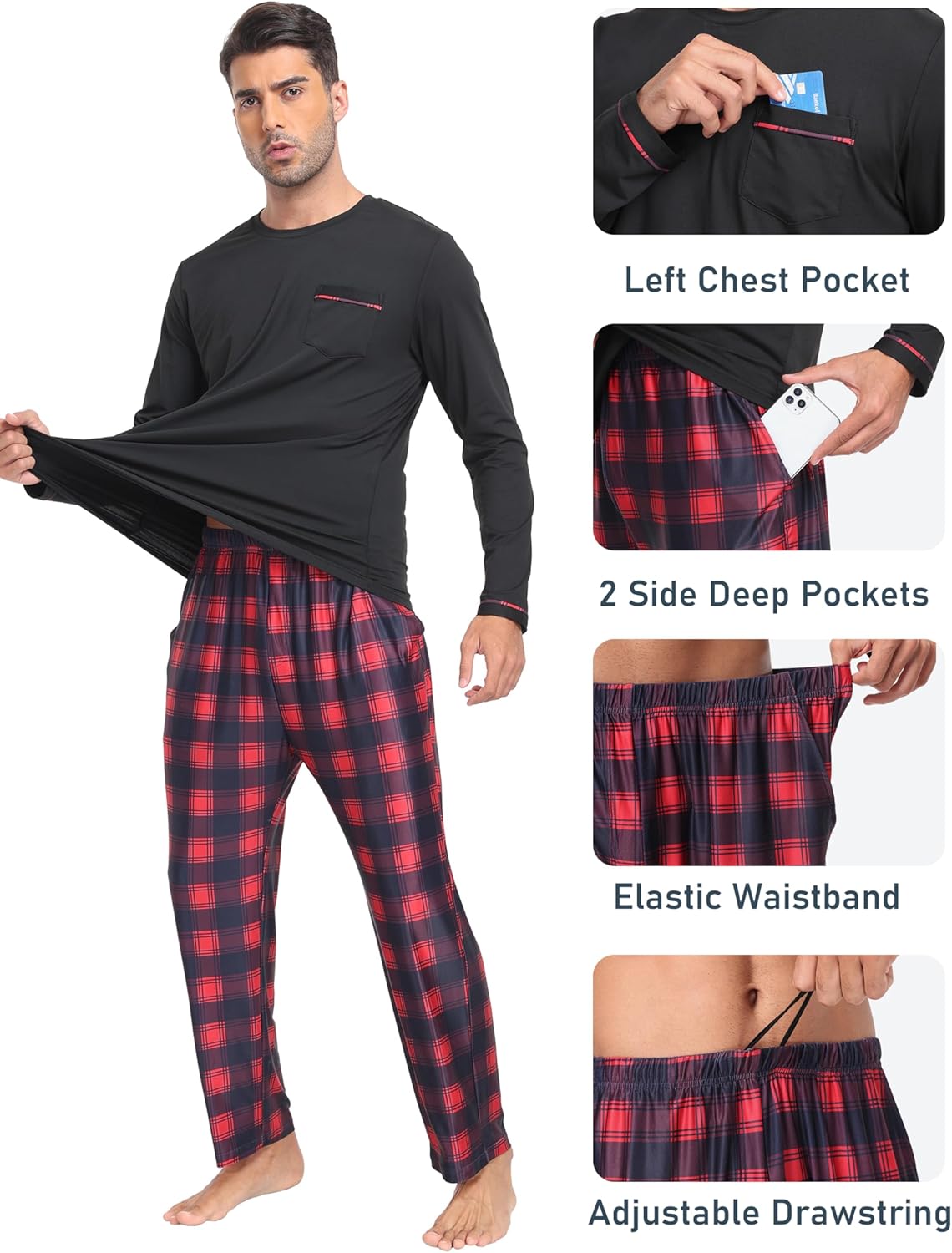 MoFiz Men's Pajamas Plaid Sets Sleepwear Sleep Long Sleeve Shirts and Pants Pajama Set Soft Mens Pjs Lounge Set with Pockets - Image 4