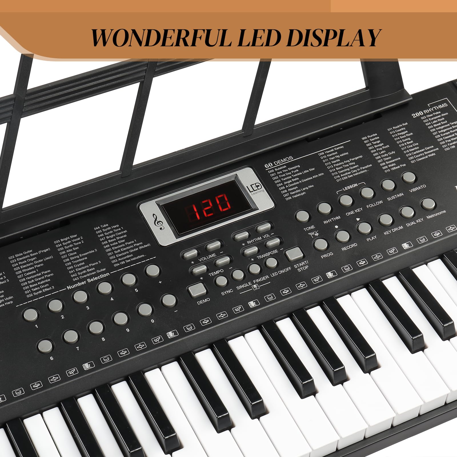 Bonnlo GEP-110S01 Piano Numérique 61 Touches, Clavier avec Support et Tabouret de Piano, Haut-Parleurs Intégrés, Casque, Microphone, Pupitre, écran LED, 3 Modes d'Apprentissage, Noir
