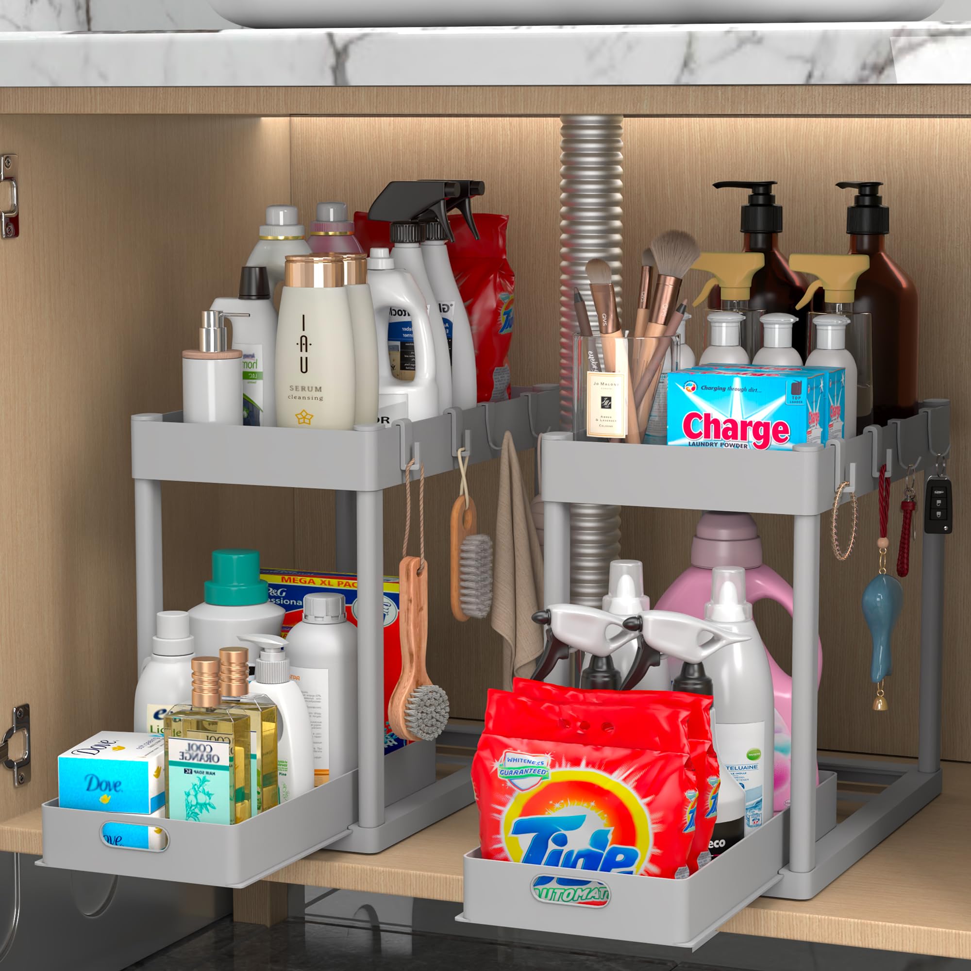 2PC Under Sink Organizer Rack 2 Tier Under Sliding Cabinet Basket Organizer Drawer with 4 Hooks, Multi-purpose Under Sink Storage for Bathroom Kitchen Desktop(Grey) Grey 12.8IN
