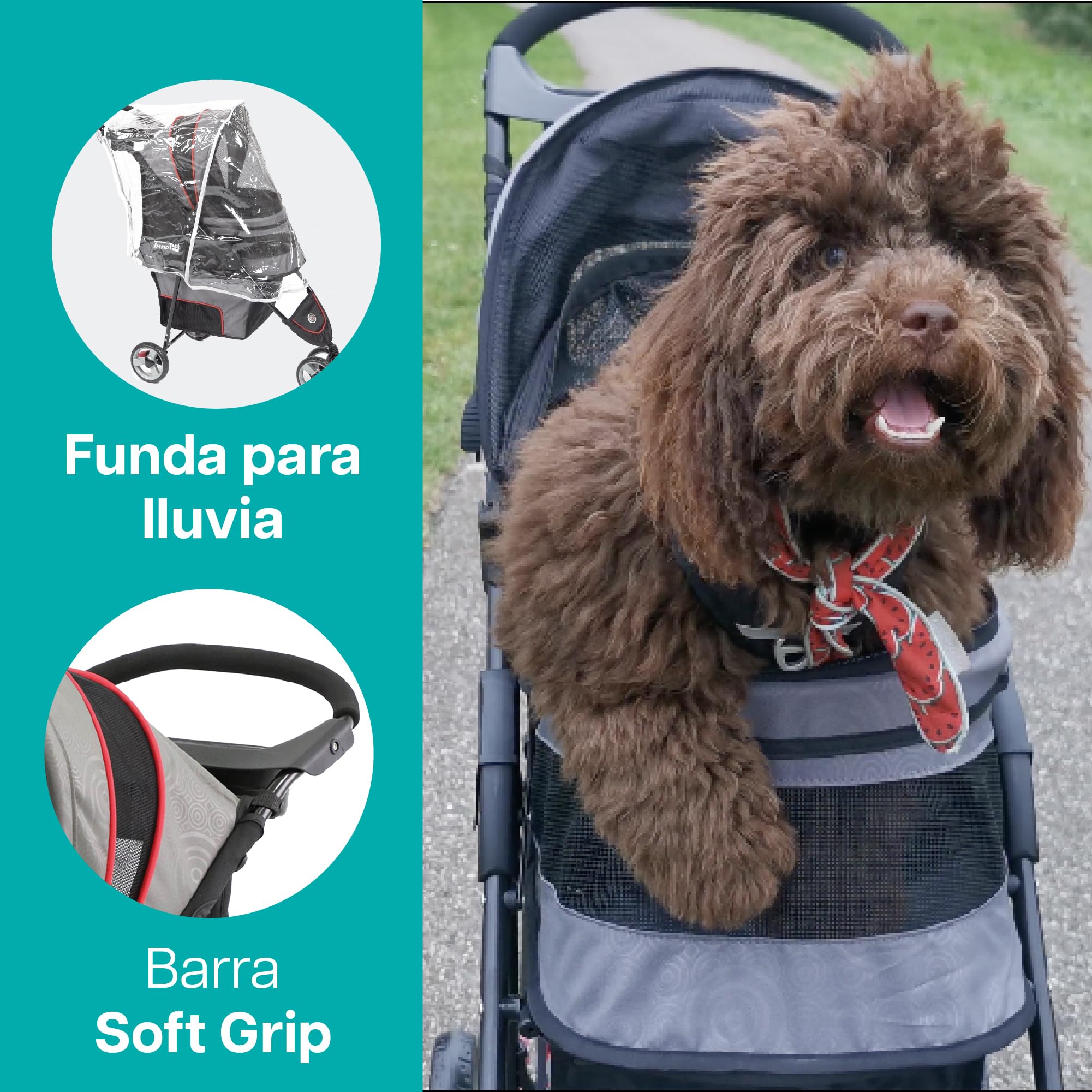Innopet Avenue gris brillante/rojo - Carrito urbano ligero para perros y gatos con cubierta de lluvia, correas de seguridad y cesta de almacenamiento
