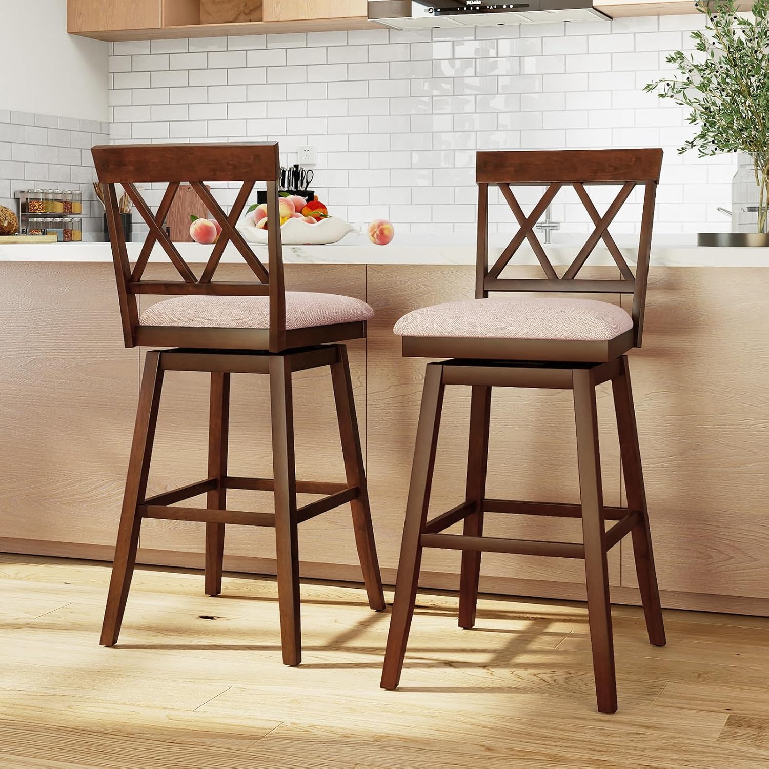 Giantex 29" Bar Stools Set of 3, Swivel Bar Height Bar Chairs with Contoured Backrest, Padded Seat & Rubber Wood Legs, Farmhouse Wooden Barstools for Kitchen Island, Restaurant & Pub