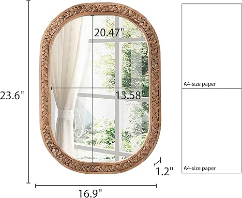 Miniatura 2 de Espejos rústicos ovalados de ratán para pared de 16 x 24 pulgadas, espejos colgantes con marco de madera para dormitorio, espejo costero único hecho