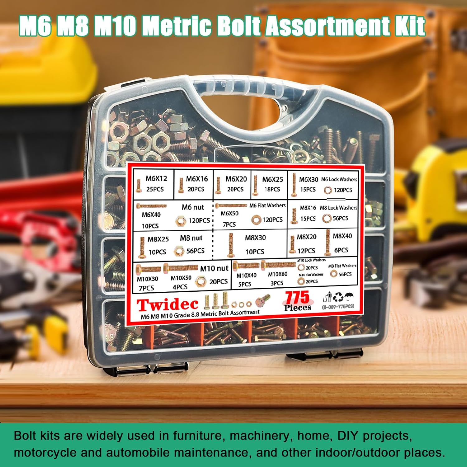 Twidec/775PCS Metric Bolt Assortment,Grade 8.8 Hex Head Nuts and Bolts Assortment Kit, M6/M8/M10(12-60mm) Heavy Duty Bolts and Nuts Kit, Flat & Spring Lock Washer Gold Zinc Plating With Storage Case