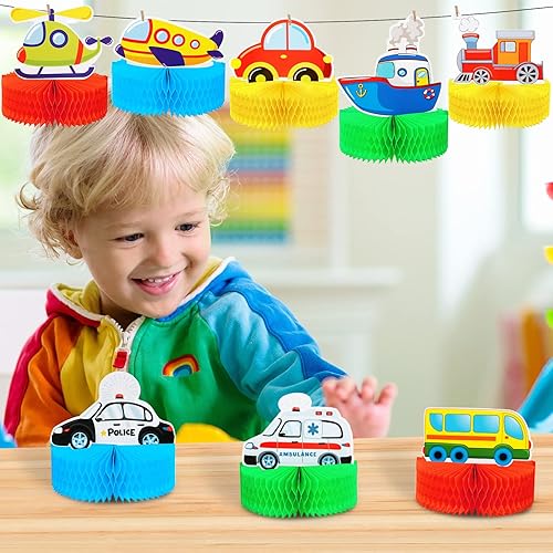 Miniatura 6 de Outus 9 piezas de decoración de fiesta de cumpleaños de transporte, centro de mesa de nido de abeja de tráfico, centro de mesa 3D, avión, tren,