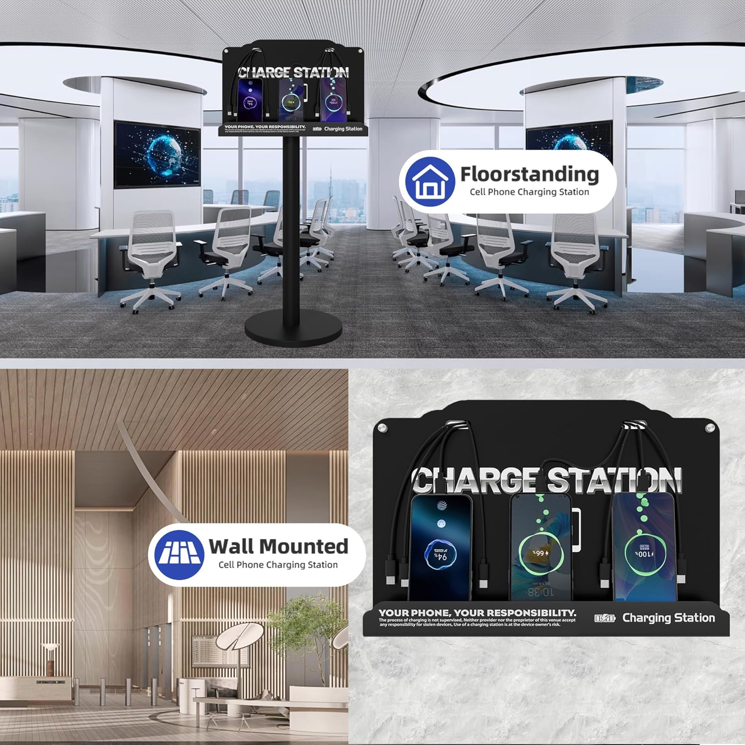 Floor Standing Cell Phone Charging Station with Fast Charigng Cables – 8 Device Charging Dock for Office, Hotel & Public Spaces | Compatible with iPhone ipad Smartphone Tablets Android Port (Black)