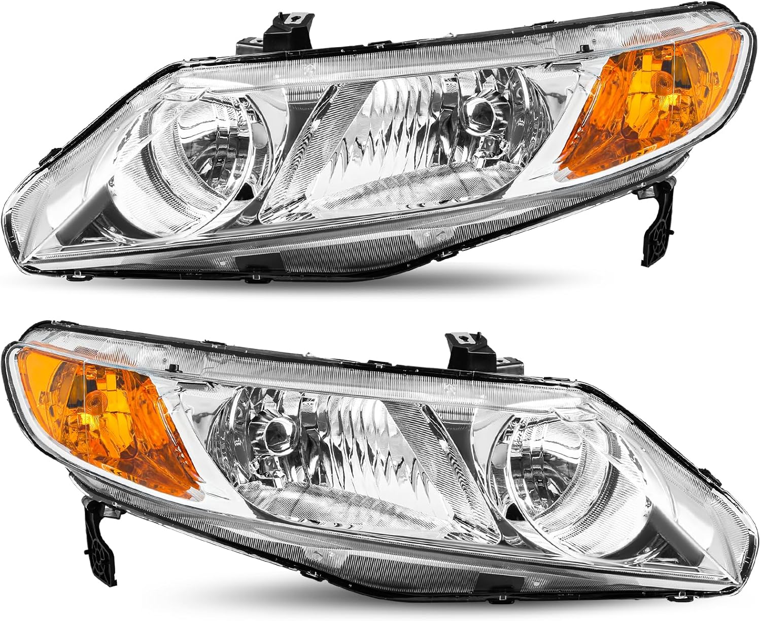 JSBOYAT Headlight Assembly Pair Replacement for 2006-2011 Honda Civic Sedan 4-Door Halogen Headlamp Chrome Housing Amber Reflector (Passenger & Driver Side)