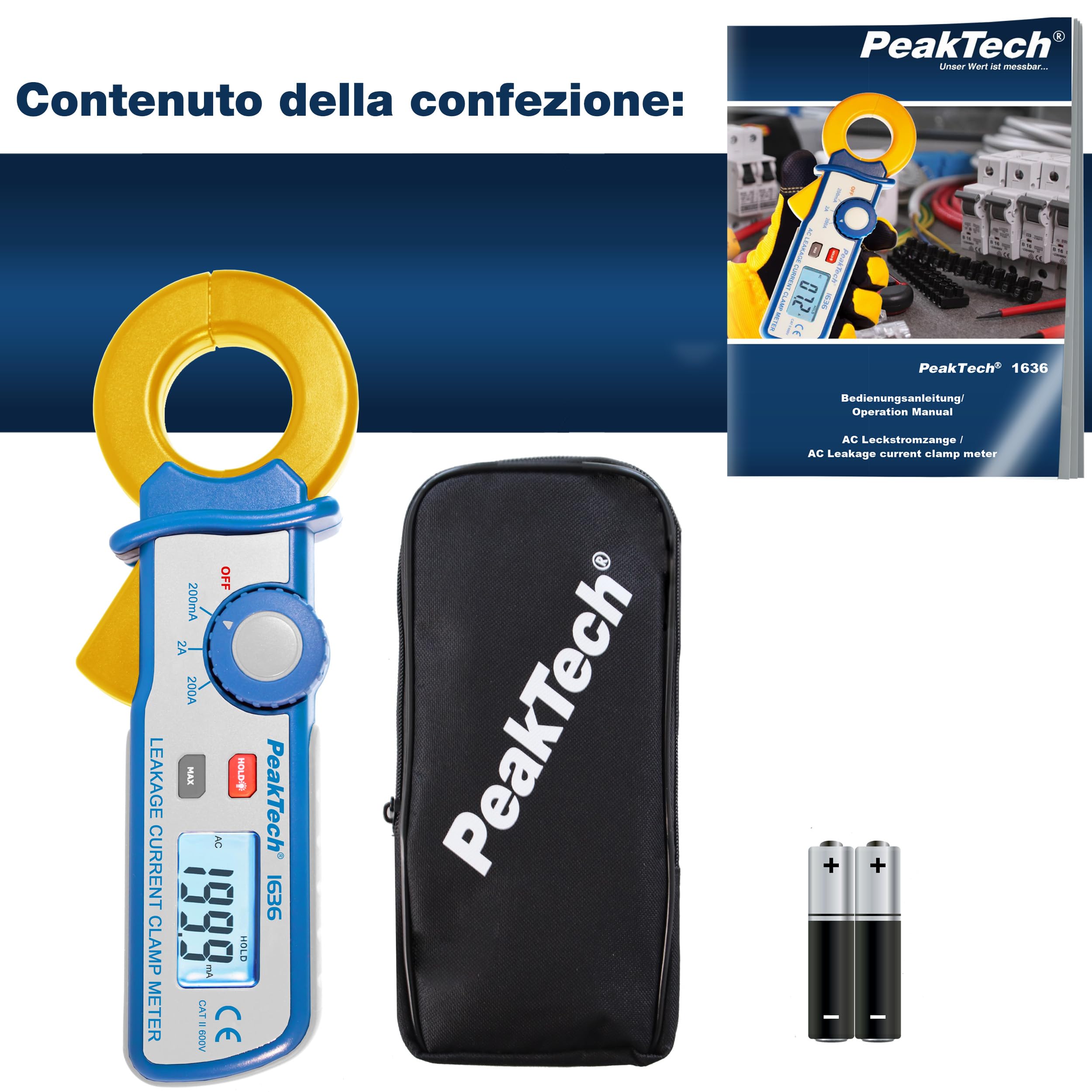 P 1636 PeakTech® P 1636 Pinza per corrente di dispersione con risoluzione di 100μA