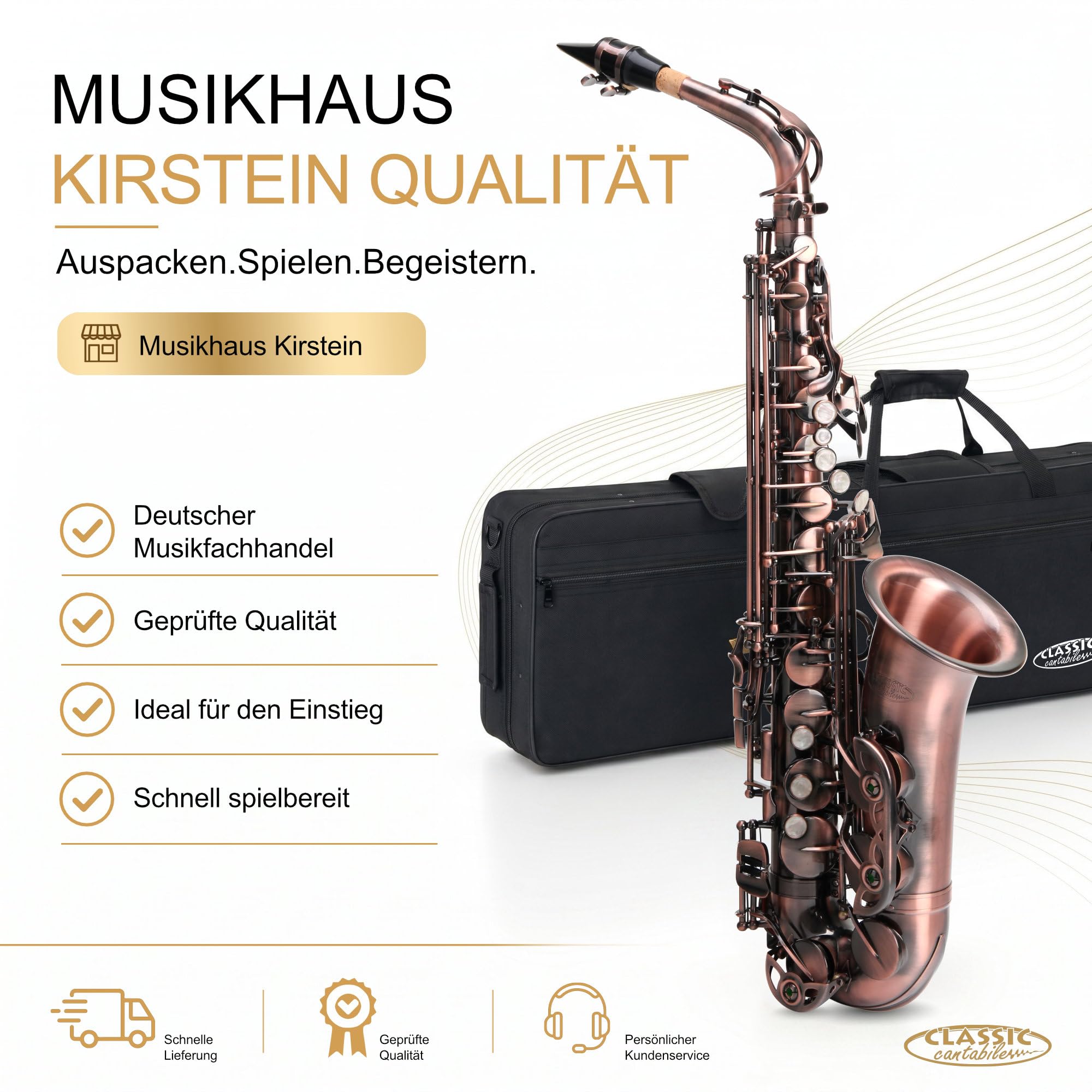 Classic Cantabile Winds AS-450 Antique Red Eb Set Sassofono Alto, Peso: 2 | Sassofono alto in ottone, Finitura Vintage Antique Red, Chiave Fa# alta, Suono pieno e caldo, Attacco rapido, 4 kg, Ance