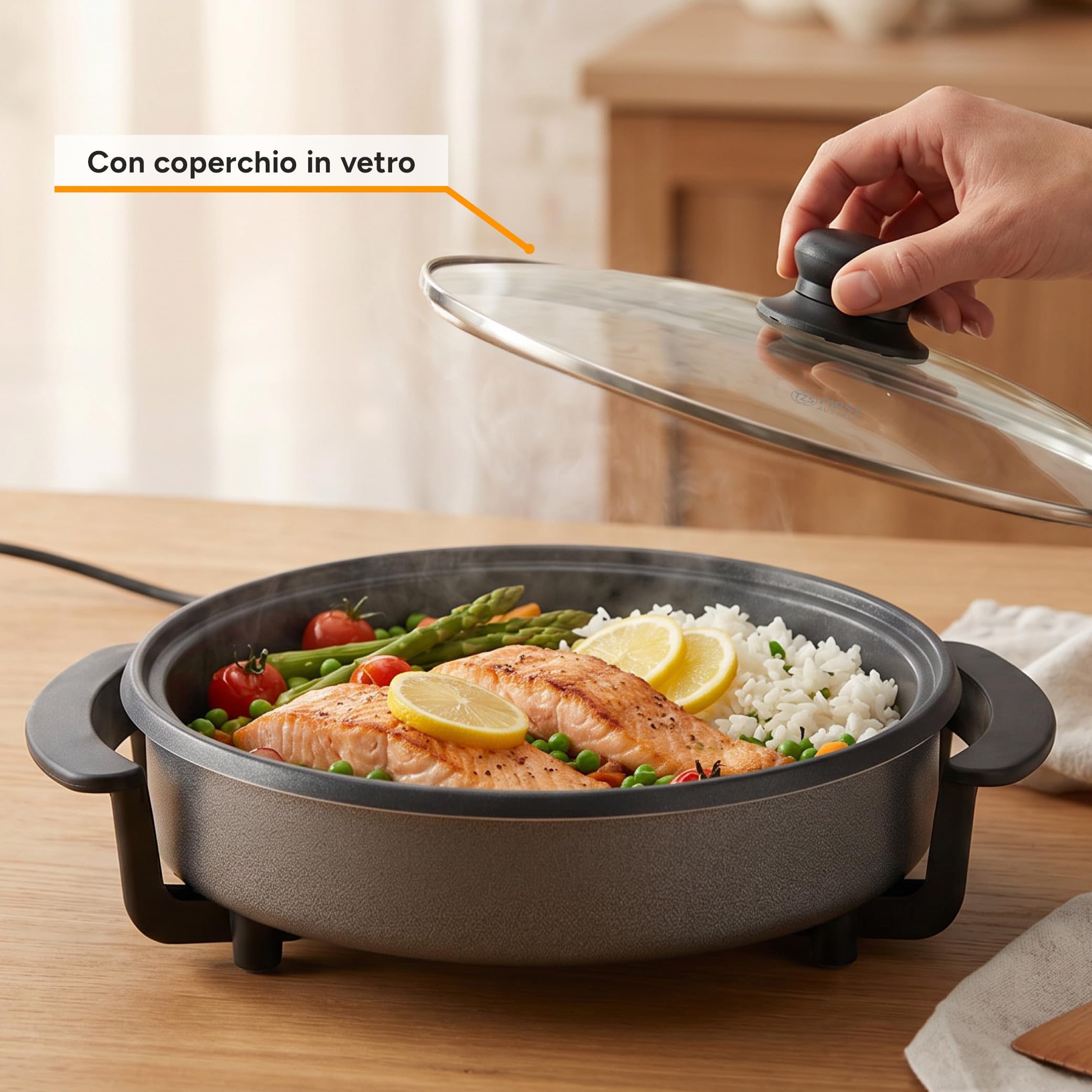 TZS First Austria - Padella Elettrica Multifunzione 1,8L - Ø 30cm - 1500W - Termostato Regolabile (90-240°C) - Rivestimento Antiaderente - Ideale per Feste e Paella - Grigio