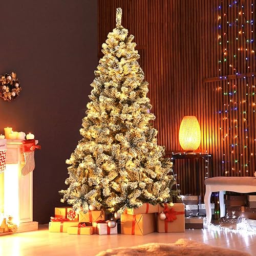 Miniatura 10 de HAPPYGRILL Árbol de Navidad preiluminado de 6 pies, agujas de PVC de alta calidad, 600 puntas de rama, pino flocado con bisagras de nieve con