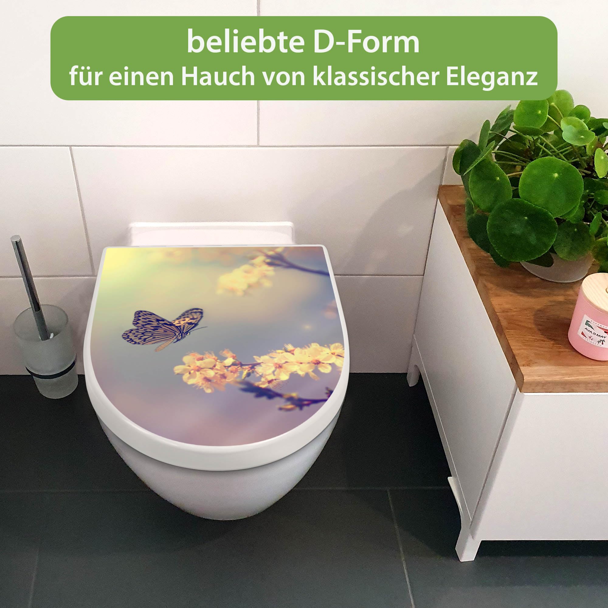 banjado WC Sitz mit Absenkautomatik D Form - Toilettendeckel mit Absenkautomatik D Form - Klodeckel Softclose - stabile Klobrille - Toilettensitz Weiß - Motiv Tag Im Mai