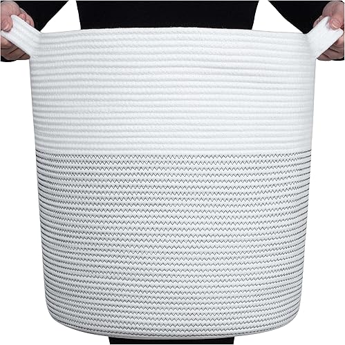 MINTWOOD Design Cesta decorativa de cuerda de algodón tejida extra grande de 20 x 18 pulgadas, cesta de lavandería alta para sala de estar, cestas