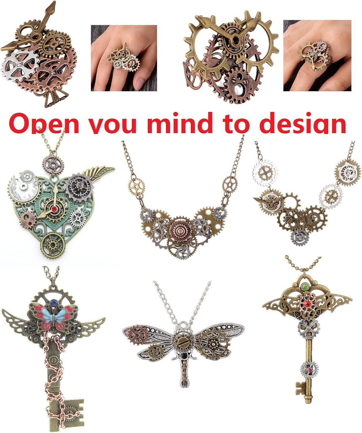 100g (70-80pcs) Mix Skeleton Steampunk Clock Watch Gear Cog Wheel Pendant Charms Jewelry Making DIY Steampunk Gear Pendant Charms Wholesale (4 Color Mixed)
