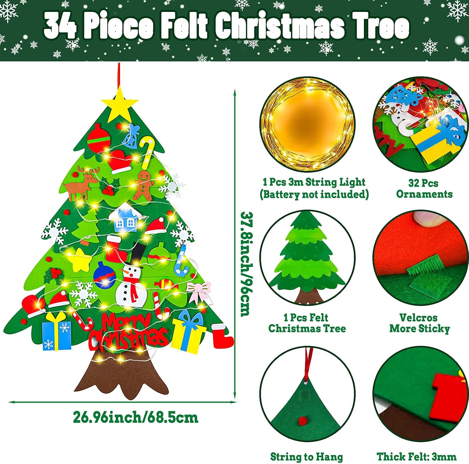 DIY Felt Christmas Tree, 3.15 FT Lighted Felt Christmas Tree, 34 Pcs Ornaments Wall Hanging Christmastree, My First Christmas Trees for Xmas Gifts Christmas Decorations