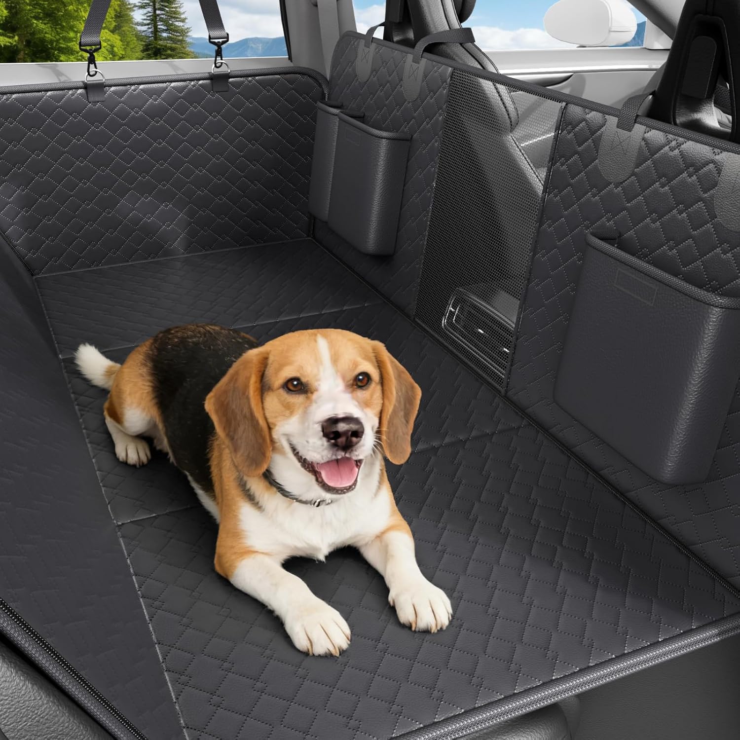 Dog Car Seat Cover Waterproof Vegan Leather, Scratchproof, Hard Bottom Back Seat Extender for Dogs, Non Slip Back Seat Protector with Mesh Window, Easy to Clean Fit Full Size Trucks, Black