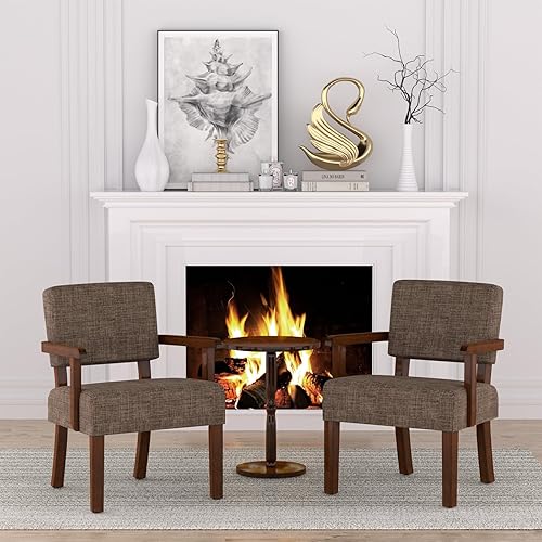 Miniatura 7 de Silla decorativa, sillones con marco de madera maciza y patas, silla tapizada de lectura para dormitorio, oficina, sala de espera (lino, marrón, una