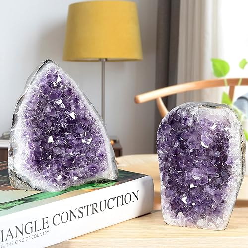Miniatura 3 de Rockcloud Figura de cristal de cuarzo de amatista púrpura natural, geoda drusa para decoración del hogar, adorno de escritorio autoportante,